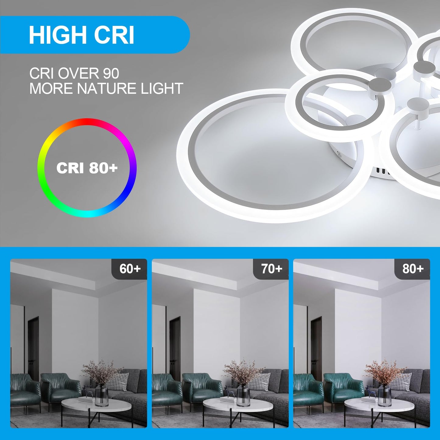 DELIPOP Modern Ceiling Light, White 6 Rings Flush Mount Ceiling Light, 31 Inch 6500K Cool White Led Chandelier Lighting for Bedroom, Living Room, Kitchen, Dining Room