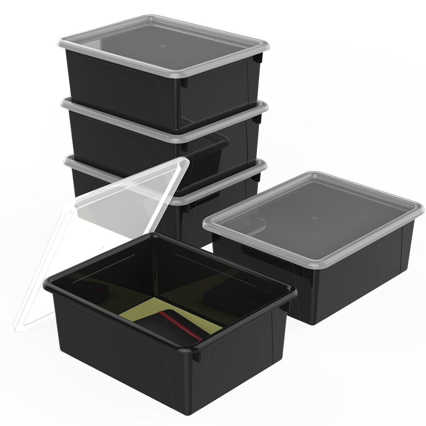 Storex Letter Size Deep Storage Tray – Organizer Bin with Non-Snap Lid for Classroom, Office and Home, Black, 5-Pack (62543U05C)