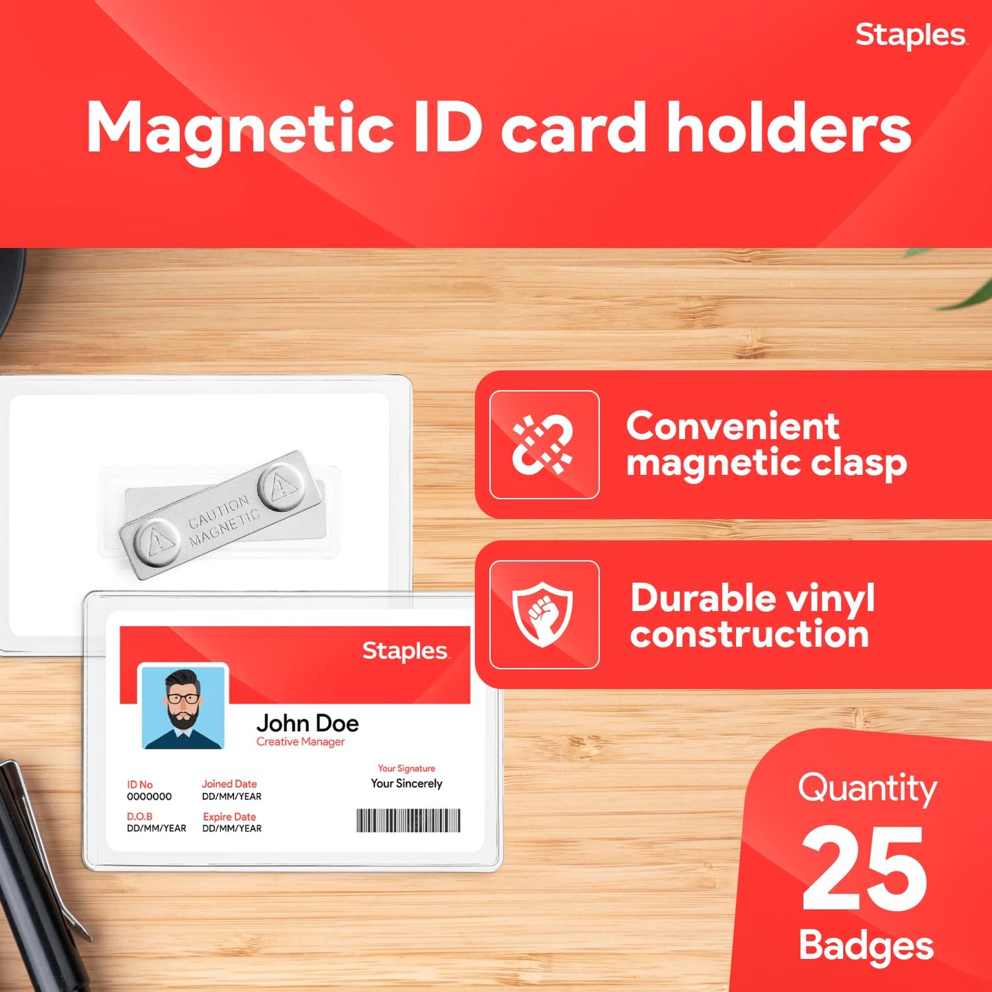 Staples Magnetic Badge Holders, Credit Card Size, Clear Horizontal ID Holders with Secure Magnet Backing, 25‑Pack