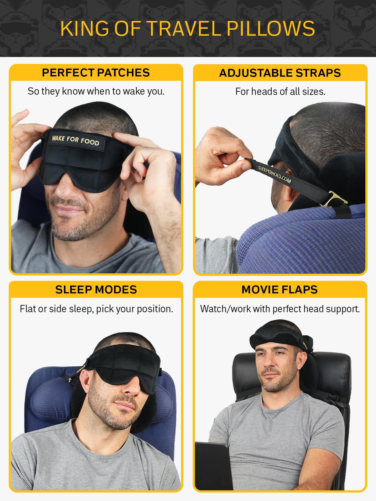 Sleeper Hold Travel Pillow - Real Sleeping Experience on Long Flights - Head Strap with Eye Mask - Super-Soft, Lightweight, Easy-to-Carry, and Machine-Washable Airplane Pillow