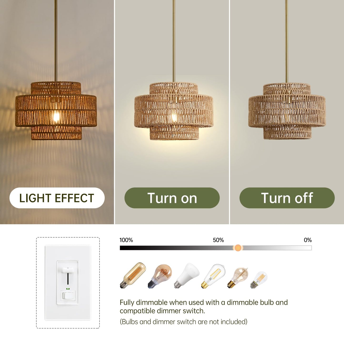 12.4” Boho Rattan Chandelier Light Fixture, 1-Light Hand Woven Pendant Light Fixture Farmhouse Rustic Hanging Lamp for Kitchen Island Bedroom, Dining Room, Living Room, Entryway, Foyer