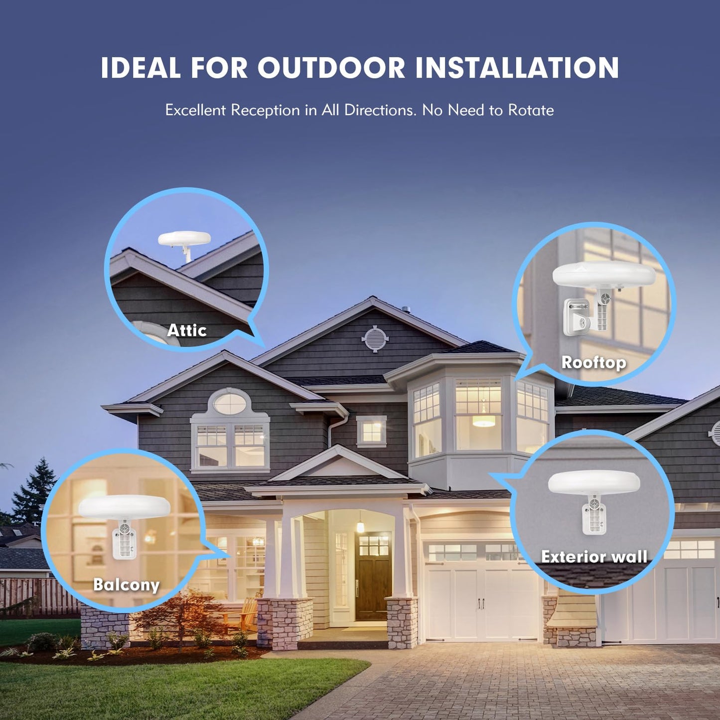1byone Outdoor TV Antenna 360° Omni-Directional Extended Range Reception Enhance VHF&UHF 4K Ready HDTV Antenna with Added Stability for Outdoor/Attic/RV Use - 39ft RG6 Coax Cable