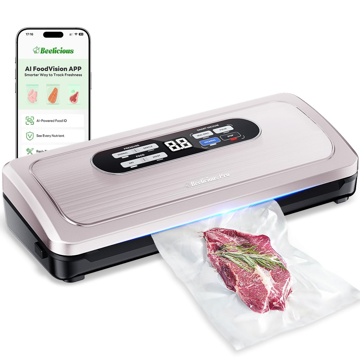 Vacuum Sealer Machine with AirLock ProSeal System, 10-in-1 Vacuum Sealer for Food, Moist/Dry Sealing Modes, Compact Design with Digital Timer, Built-in Cutter & Roll Storage, Silver-Pink