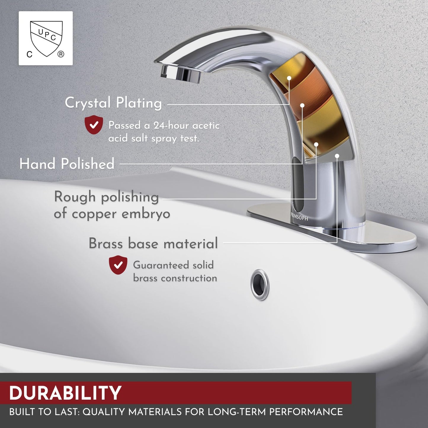 PRIMSOPH Automatic Motion Sensor Hands Free Electronic Infrared Smart Commercial Touchless Bathroom Sink Faucet with Cover Plate Temperature Mixer Battery or Plug-in Powered Chrome