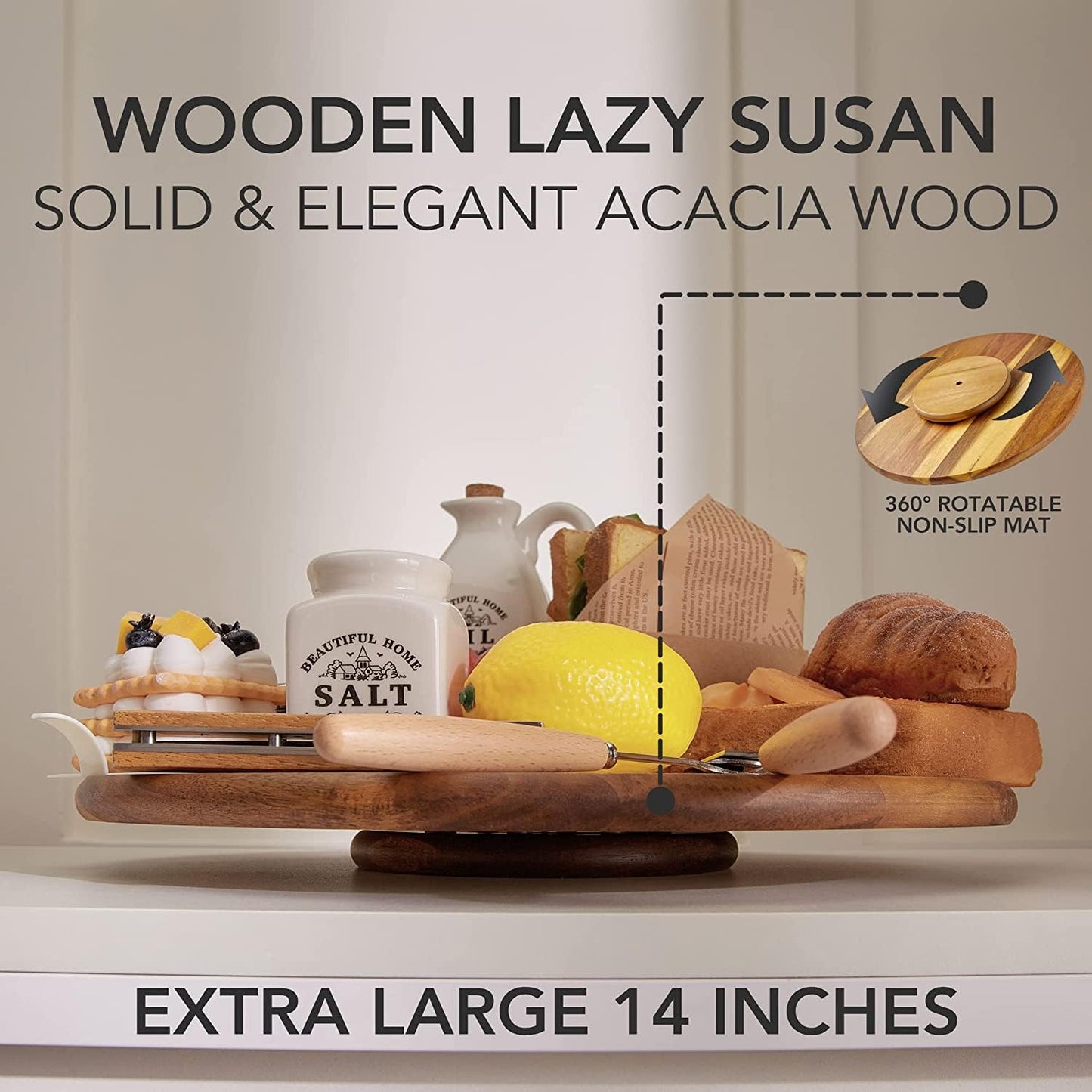 Acacia Wood Lazy Susan Wood Turntable Tray Cabinet Organizer, 18"