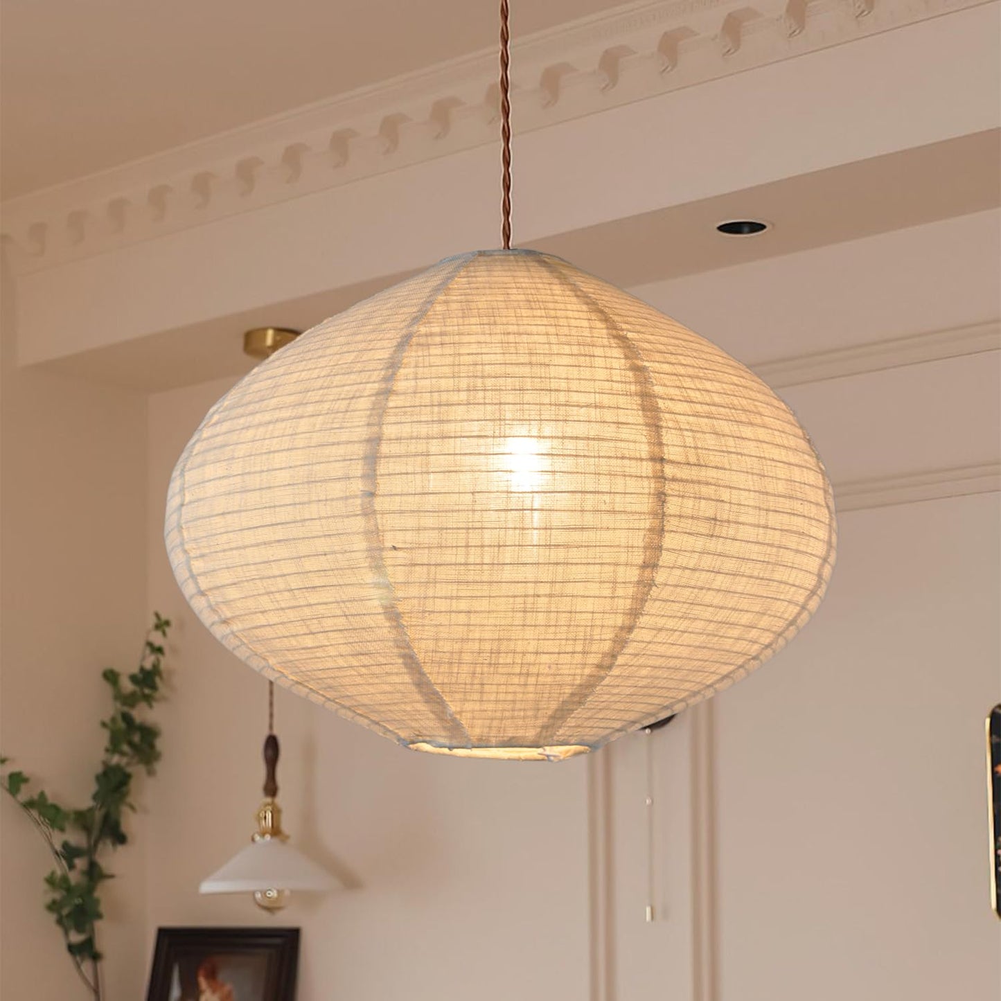 METHEDEECO Oval Hanging Lamp Shade Only, 16 Inch Faux Linen Pendant Lamp Shade, Foldable Fabric Replacement Shade, White with Beige, Minimalist Pendant Lantern Shade for Bedroom Living Room Kitchen