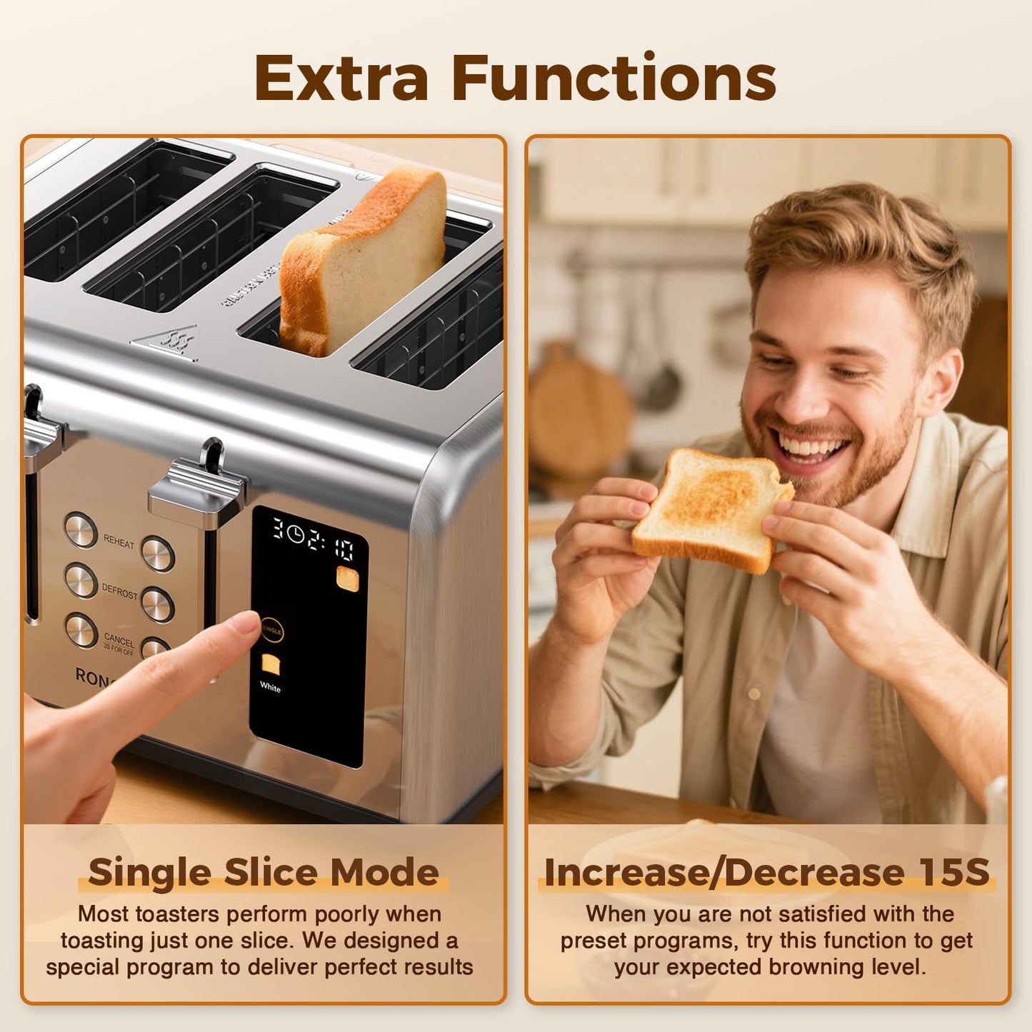 4 Slice Touch Screen Toaster, Stainless Steel Toaster with Wide Slots for Bagels and Bread, Reheat/Defrost/Cancel Functions, Removable Crumb Tray, Silver
