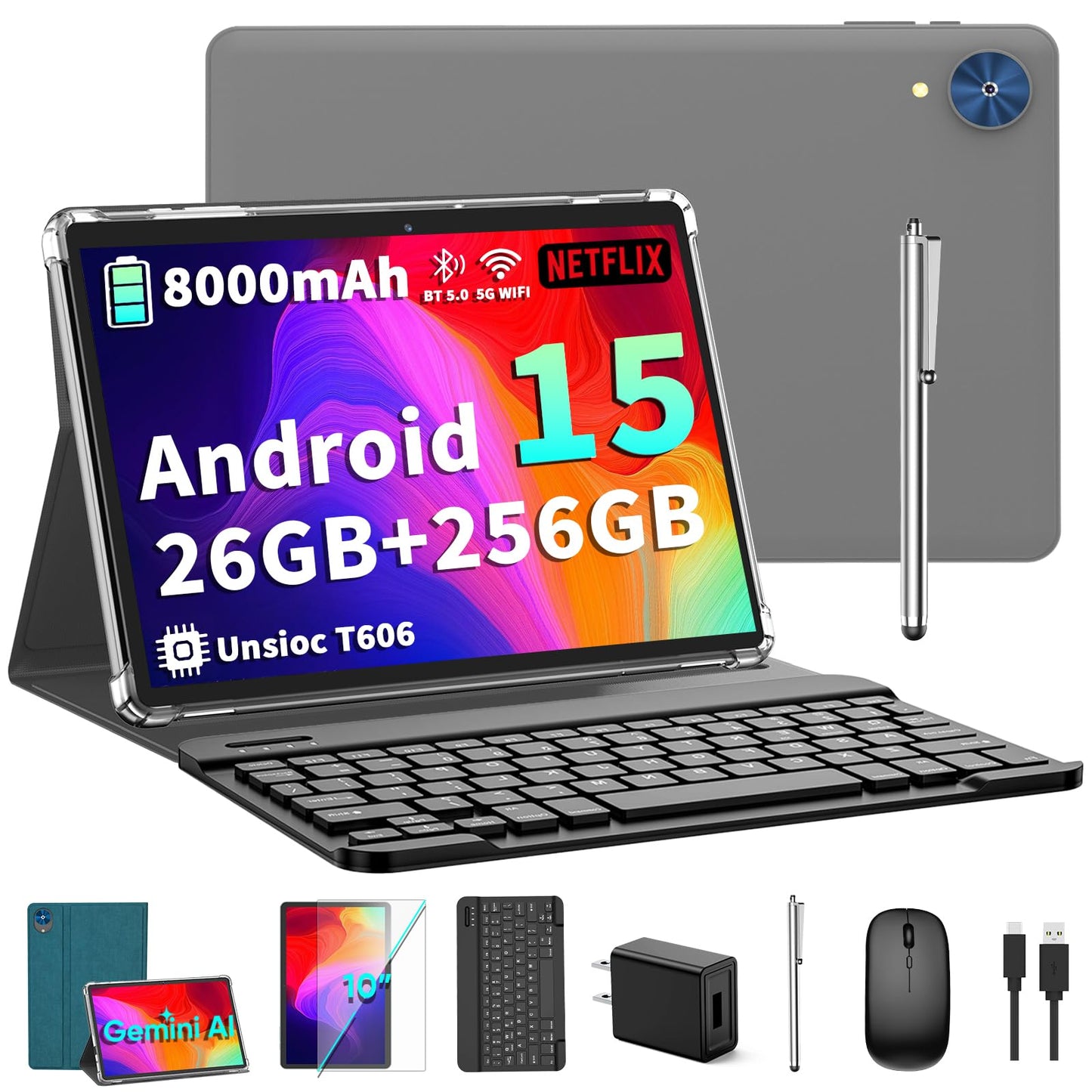 2026 Android 15 Tablet with Keyboard - 26GB+256GB+2TB Expand, Octa-Core, Gemini AI, 2.4G/5G Wifi, 8000mAh, Widevine L1, Dual Camera, 10 Inch 2 in 1 Tablets with Case, Mouse, Stylus (Green Case)