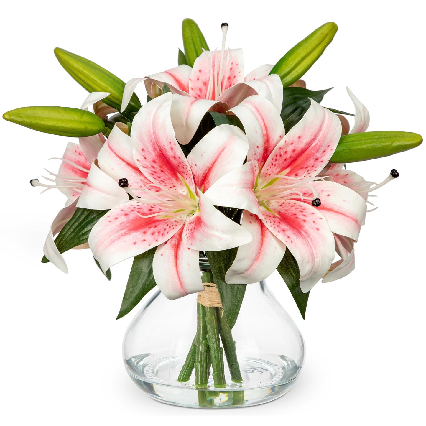 Artificial Flowers Tiger Lily Real Touch with Vase Easter Lily Pink Lilies Silk Faux Flowers Arrangements in Glass Vase with Faux Water Easter Decor Fake Floral Bulk Bouquet for Office Home Decor
