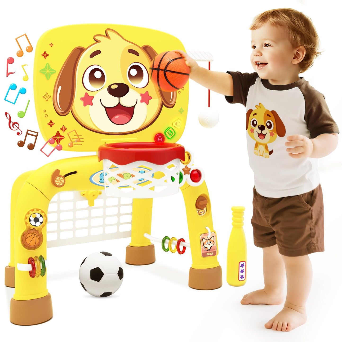 Toys for 1 Year Old Boy - Toddler Basketball Hoop & Soccer Goal & Baseball Activity Center with Light Sound Music, Puppy Montessori Sports Toy, Christmas Birthday Gift for Baby 12-18 Months, Yellow