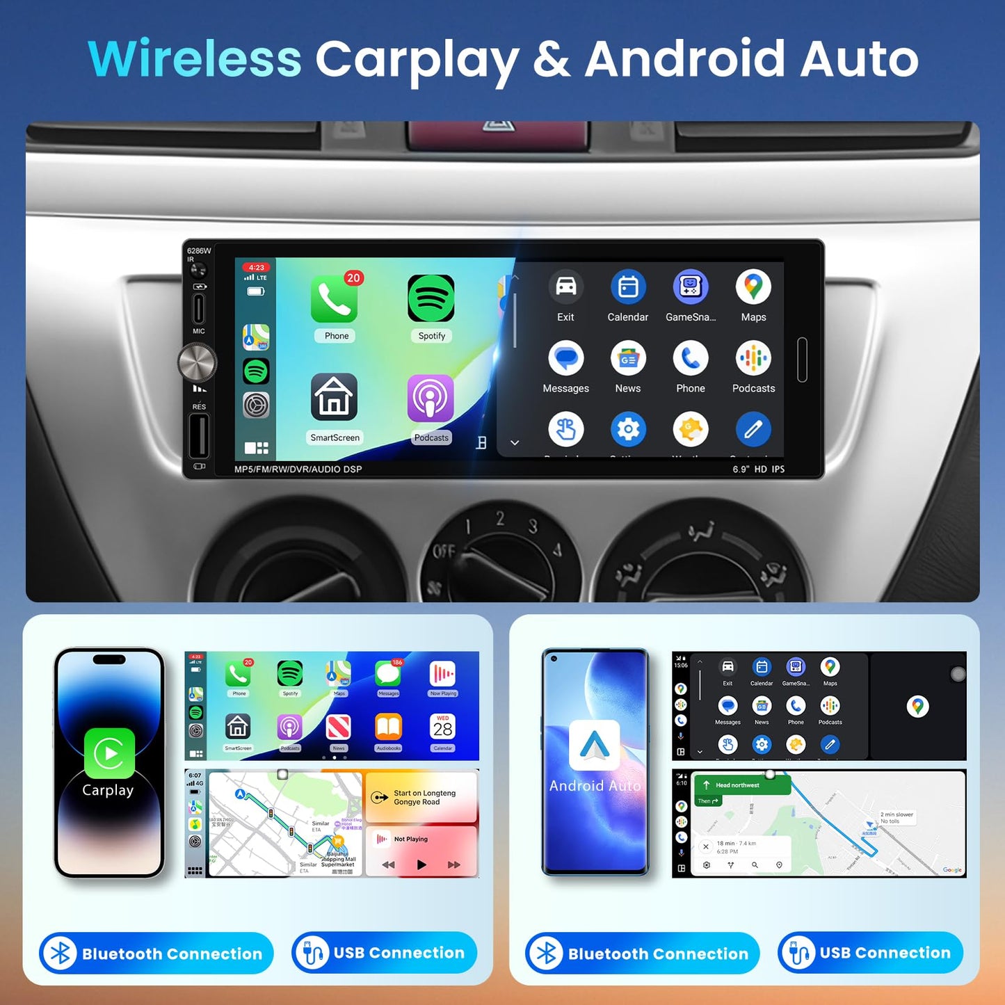Single Din Car Stereo with Wireless CarPlay Android Auto Mirror Link, Driauto Car Radio Bluetooth Handsfree Headunit 6.9 Inch 1 Din IPS Touch Screen FM Type-C USB Charging EQ SWC with Reverse Camera