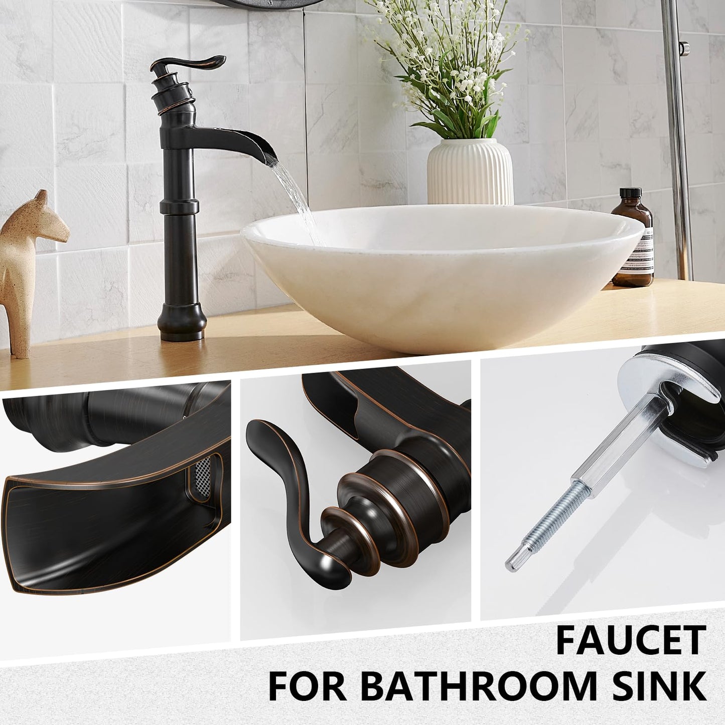 BATHLAVISH Vessel Sink Faucet, Oil Rubbed Bronze Black Bathroom Faucet, Farmhouse Waterfall Sink Faucet Single Hole with Pop Up Drain Assembly Without Overflow One Hole Mixer Tap Deck Mount