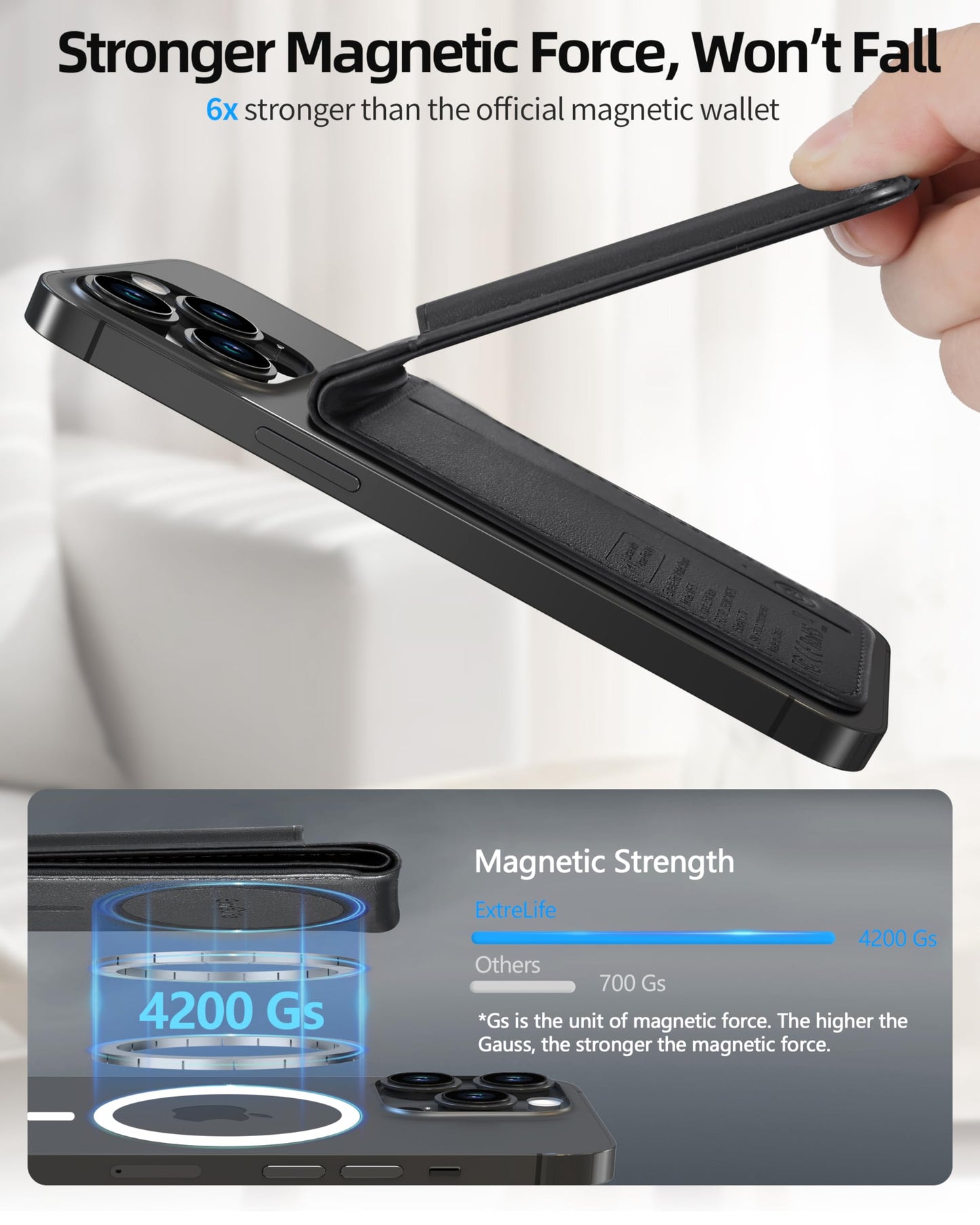 for Magsafe Wallet, Works with Apple Find My, Strongest Magnetic Wallet for iPhone 16/15/14/13/12 Series, for iPhone Wallet with Adjustable Stand, Wallet Tracker, 6 Cards Holder, Vegan Leather, Black