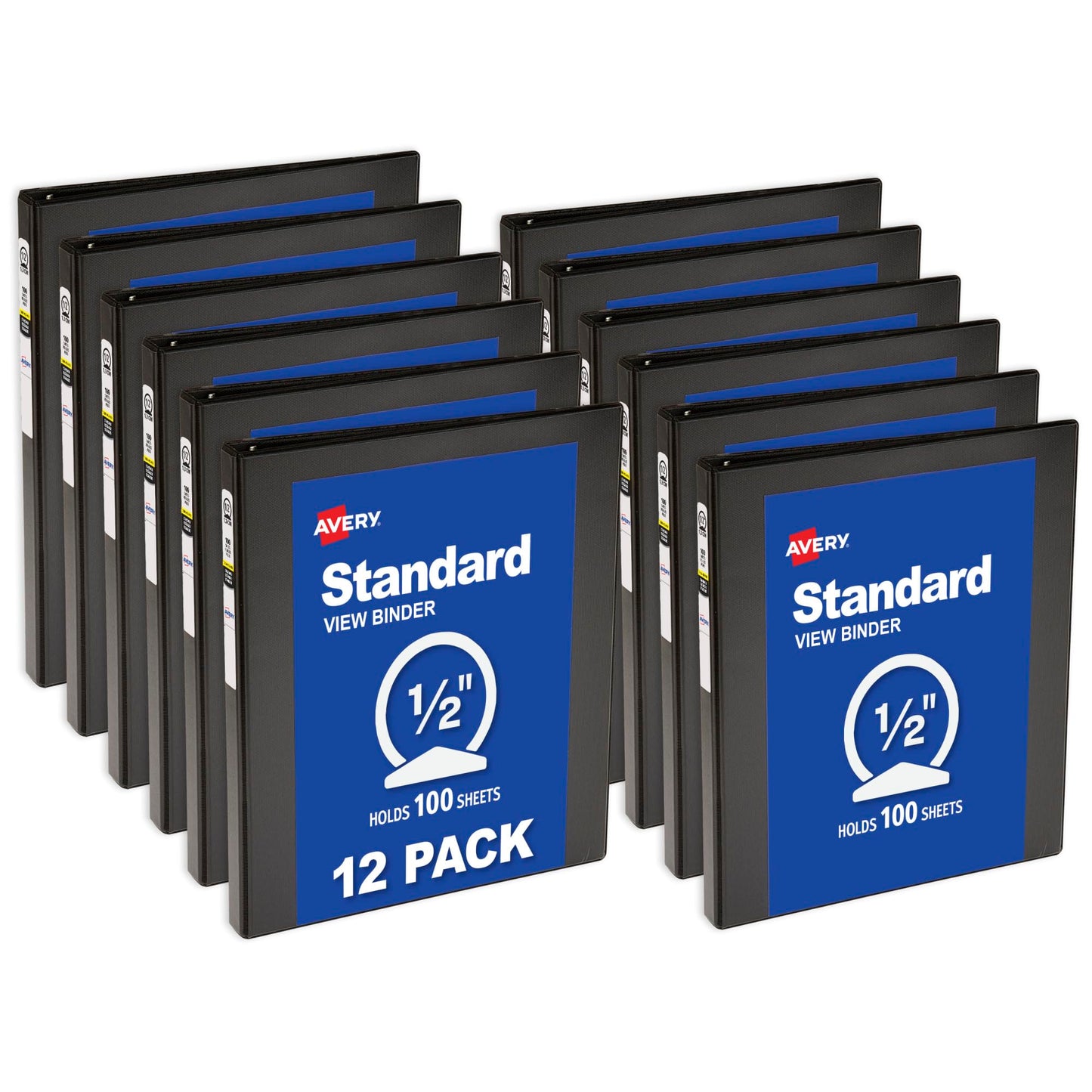 Avery Standard View 3 Ring Binders, 0.5" Round Rings, 100-Sheet Capacity, 0.7 Inch Wide Spine, Black Binders, Ideal for Lightweight Organization and Occasional Referencing (12-Pack of 05705)