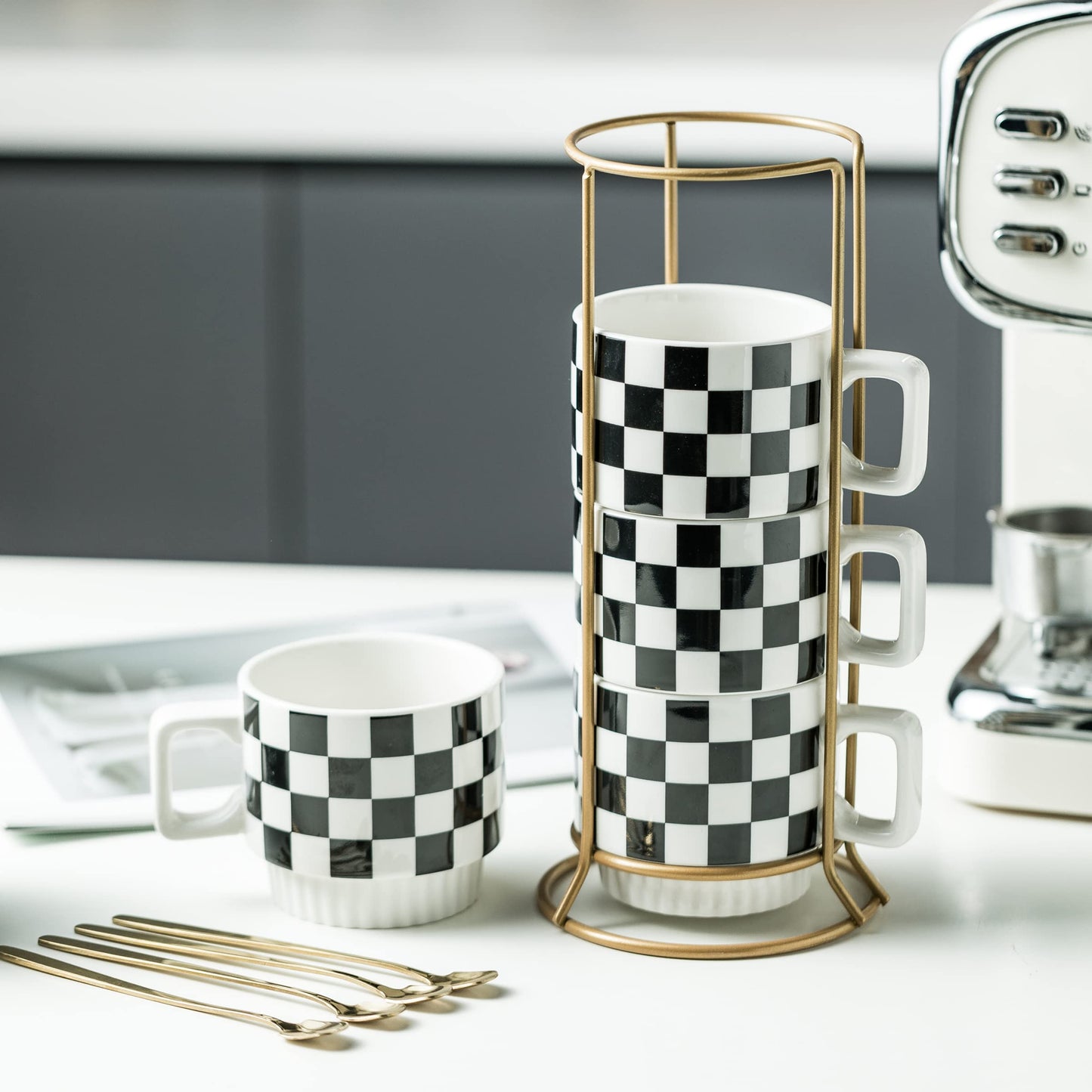 Miamolo Stackable Coffee Mug Set of 4 with Rack 11 oz Tea Cup Set with Little Spoon for Coffee Tea Cocoa Milk, Checkered Black and White Pattern Coffee Mug for Housewarming Gift