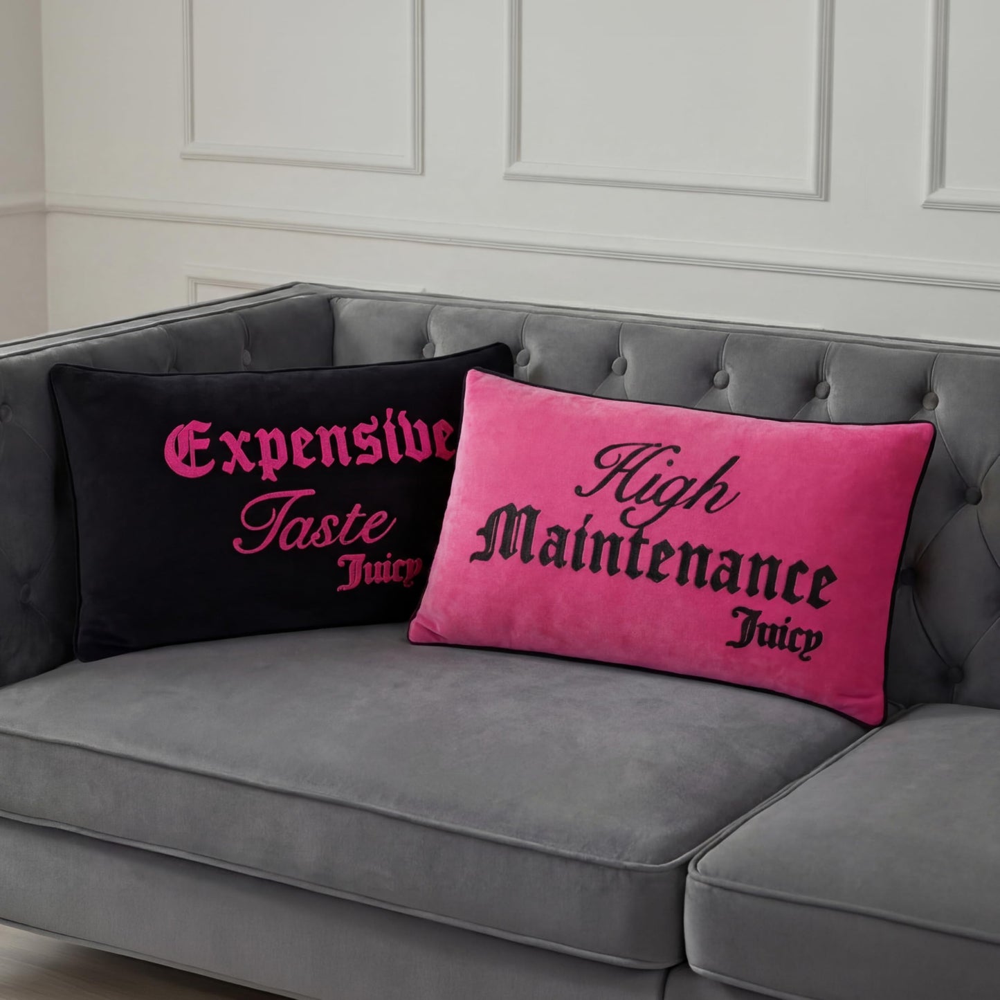 Juicy Couture High Maintenance/Expensive Taste Reversible 14" x 24" Decorative Pillow, Hot Pink/Black