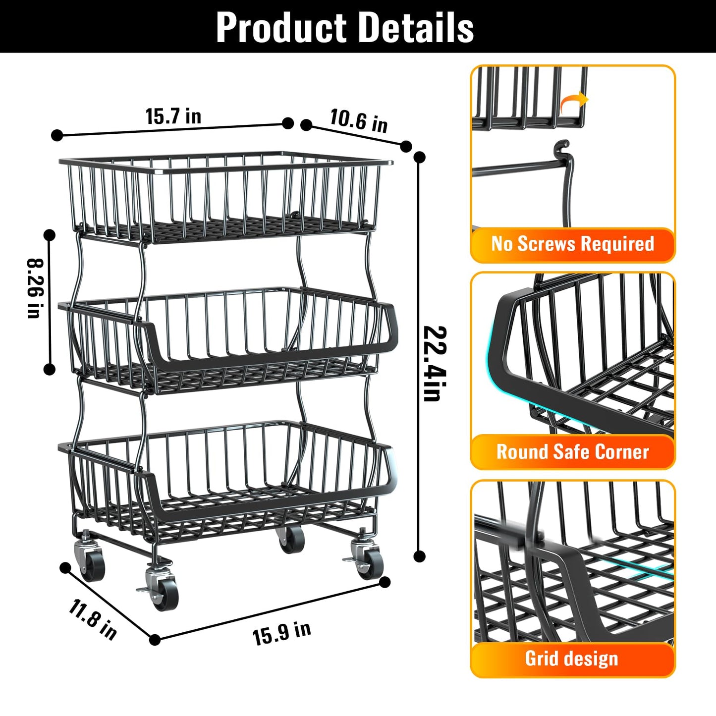 Gsiekare 3-Tier Rolling Pantry Organizer and Storage Cart with Wheels – Stackable Wire Snack Cart for Kitchen, Pantry Shelves and Storage Rack for Fruit, Vegetables, Onion, Potato (1 Pack)
