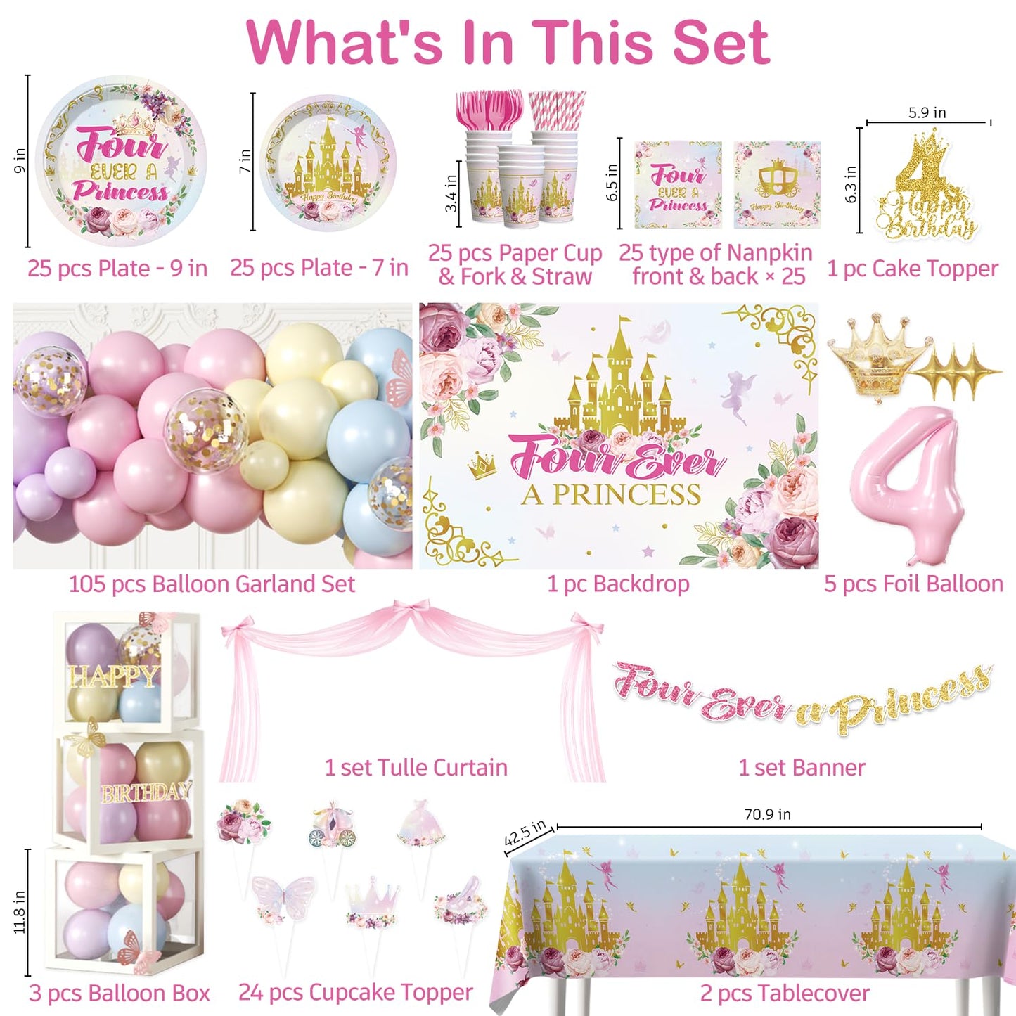 293 Pcs Four Ever a Princess Birthday Decorations, Princess Party Decorations Set Serves 25 - Banner, Balloon Arch Kit, Tableware, Cake Toppers, Backdrop for 4th birthday decorations girl