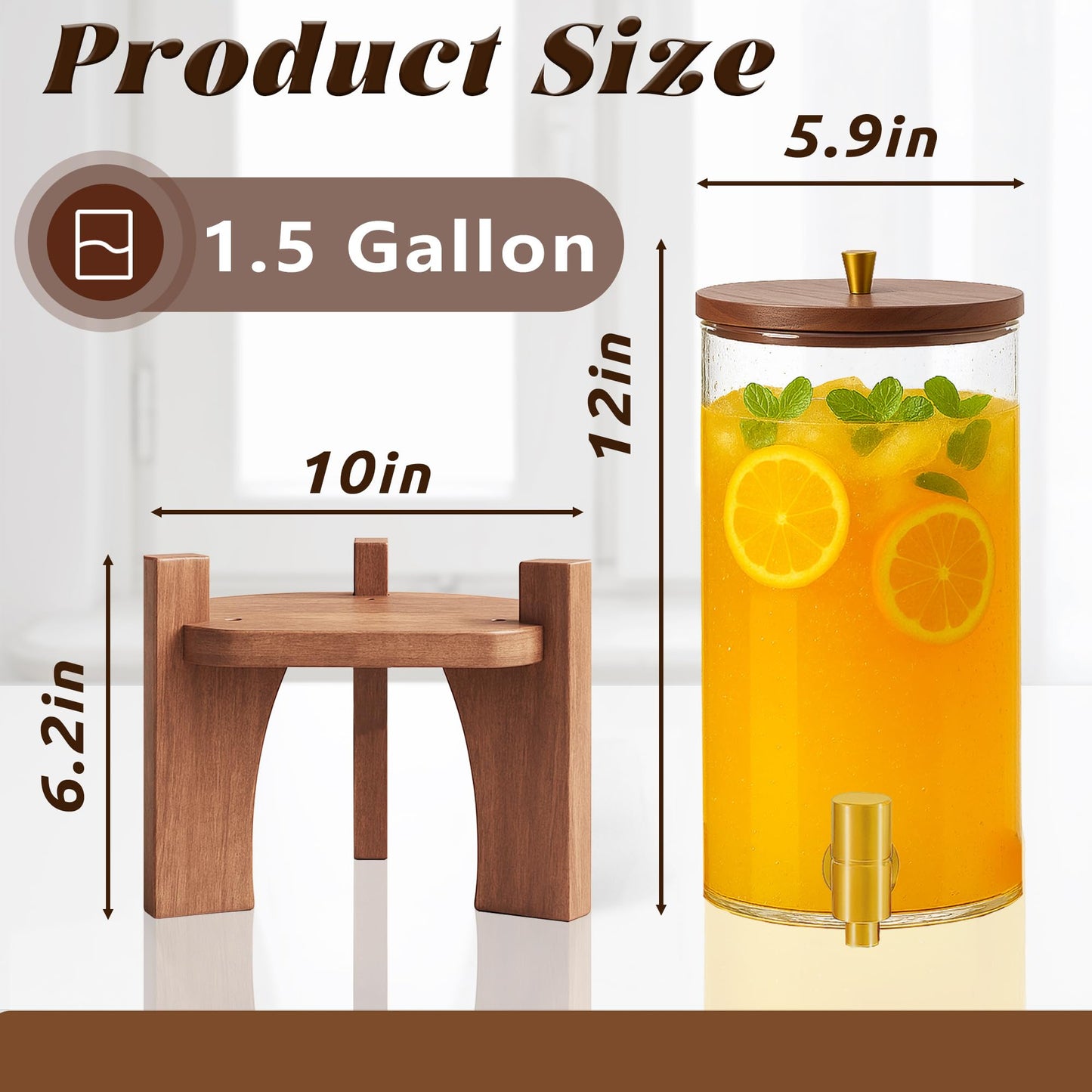 VERSSURE Glass Drink Dispenser,1.5 Gallon Beverage Dispenser with Stand,Lemonade Dispenser with Stainless Steel Faucet,Drink Dispensers for Parties, Bars and Home (Round Stand)