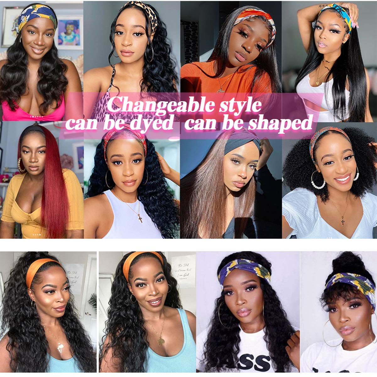 Deep Wave Headband Wig Human Hair 26 inch Glueless Non Lace Front Wig Machine Made Wigs 150% Density Brazilian Wet and Wavy Curly Hair Headband Half Wigs for Black Women Human Hair Natural Color