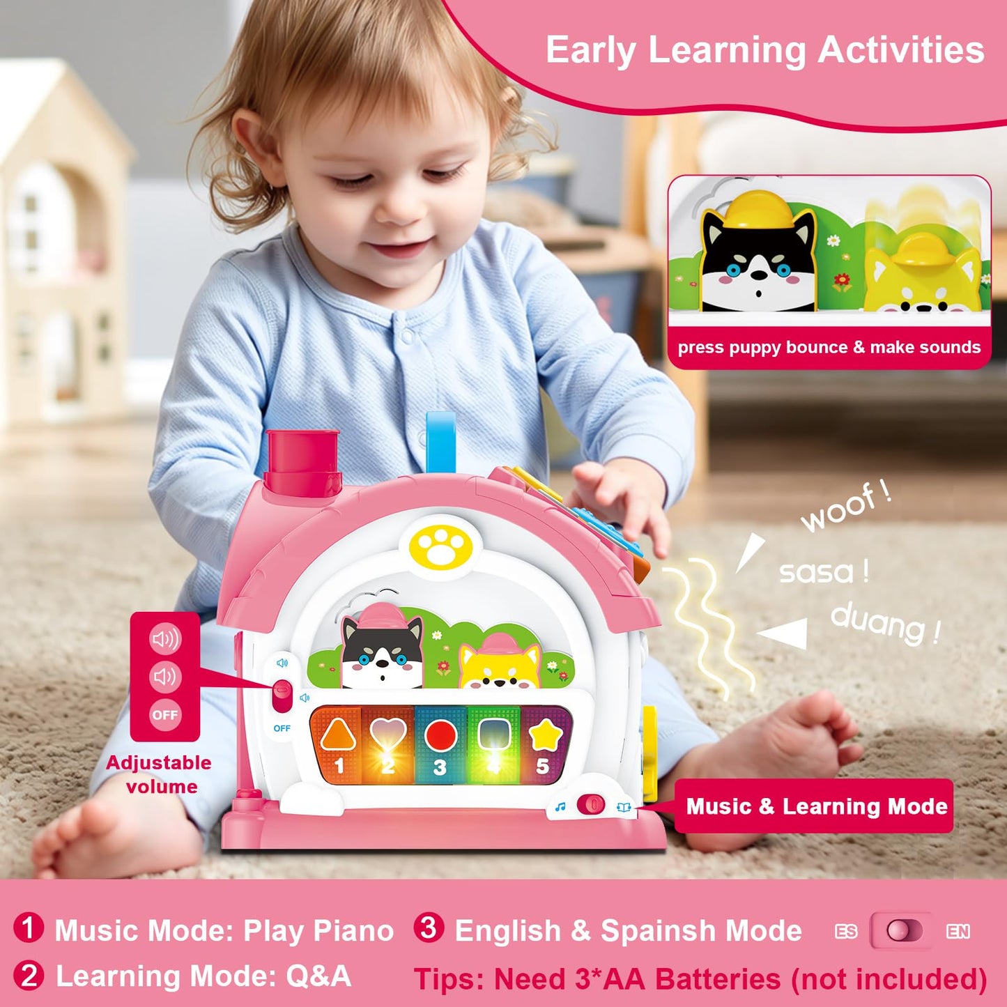 DELUTIQUE - Learning Toys for 1 Year Old Girls, 8 in 1 Sensory Toy for Toddlers, Musical House with Play Phone, Mirror, Piano, Montessori Toy for Baby 12-18 Months