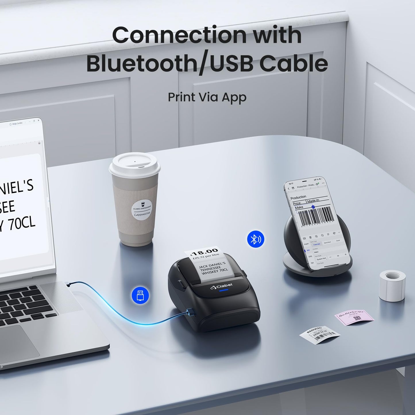 CLABEL Label Maker Machine with Tape, 221B Thermal Bluetooth Label Printer 2 Inch Portable Barcode Inkless Sticker for Small Business, Retail Office,Office, Home, Came with 3 Roll Label (Black)