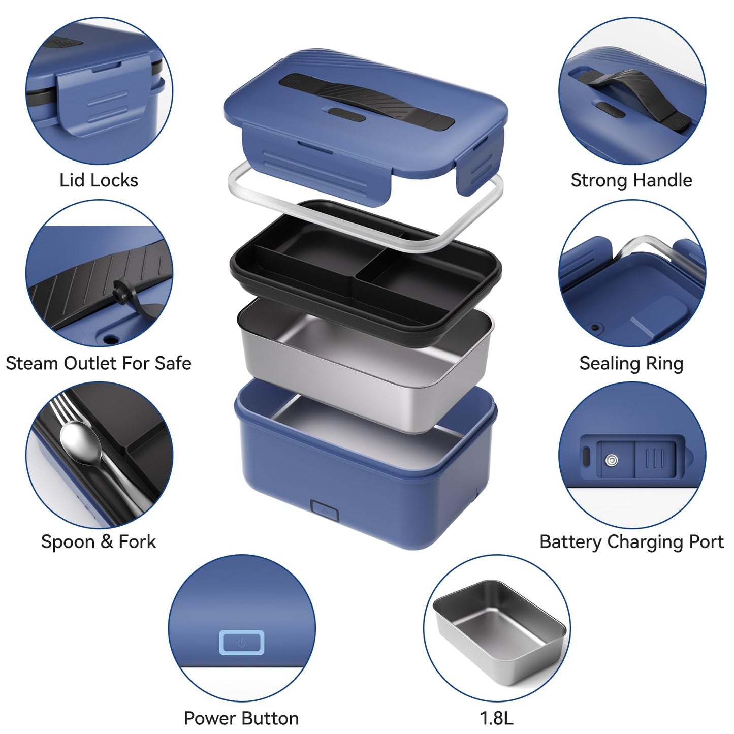 Vingud Cordless Electric Lunch Box for Adults, 1.8L Rechargeable Heated Lunch Box Food Warmer, Portable Self Heating for Men/Women/Office/Car, Lonchera Eléctrica Portátil Battery Powered Father's Gift