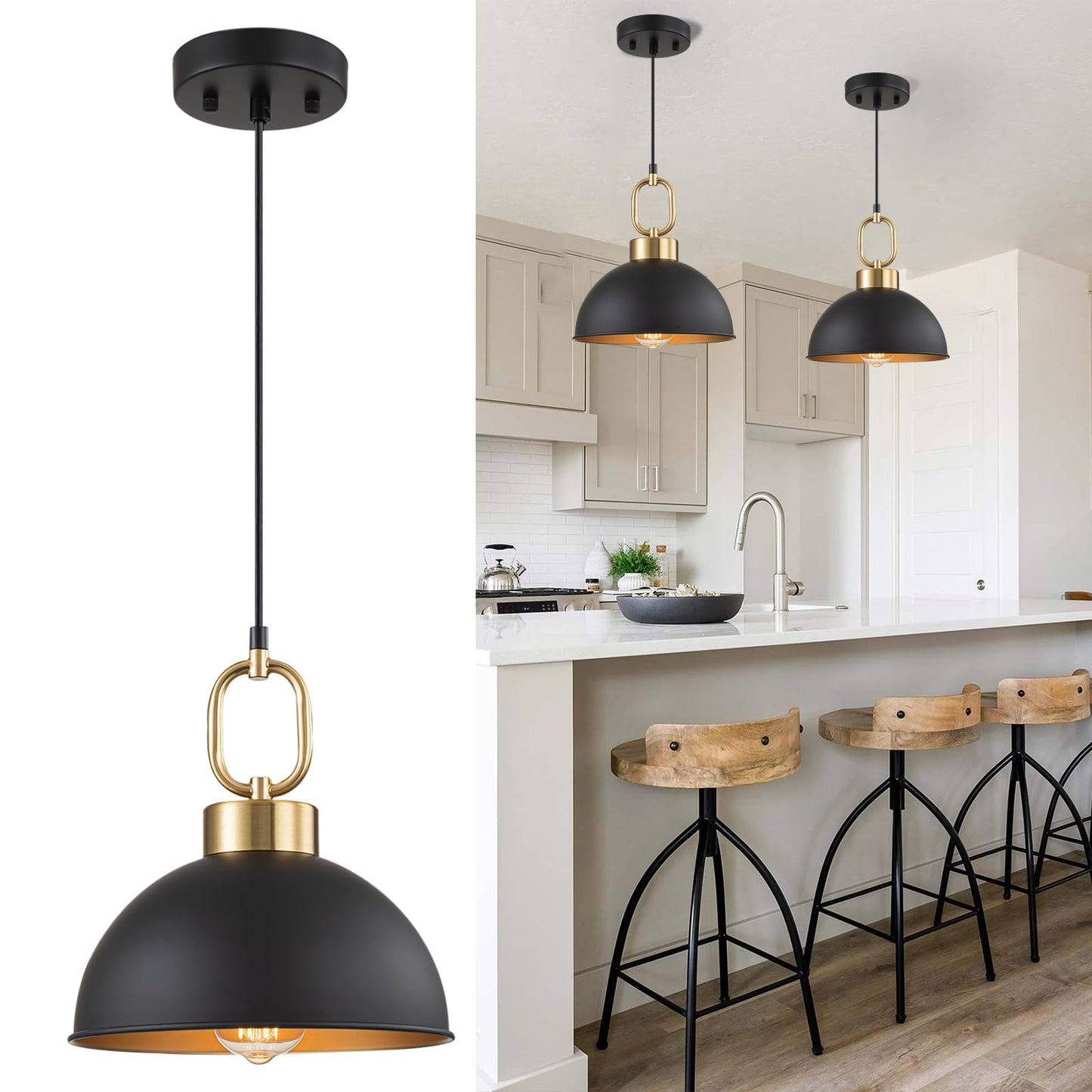 TinHon 2 Pack Black Pendant Lights Kitchen Island, 10'' Farmhouse Industrial Pendant Light Fixtures, Adjustable Height Modern Dome Hanging Light for Kitchen Dining Room Entryway Bar