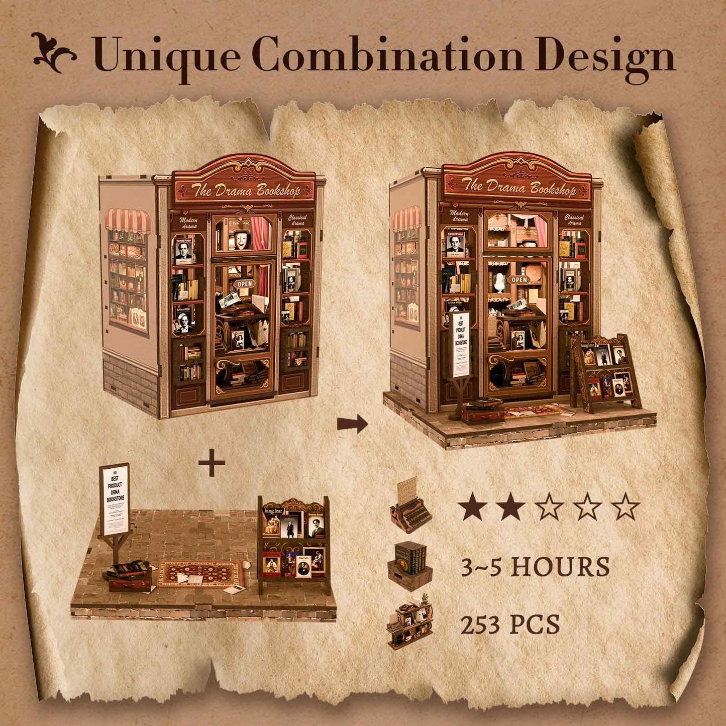 Fsolis Book Nook Kit - DIY Miniature House Kit for Adult Mini House Tiny Home Building Craft Kit Bookshelf Nook Decor Gifts for Book Lovers(The Drama Bookshop)