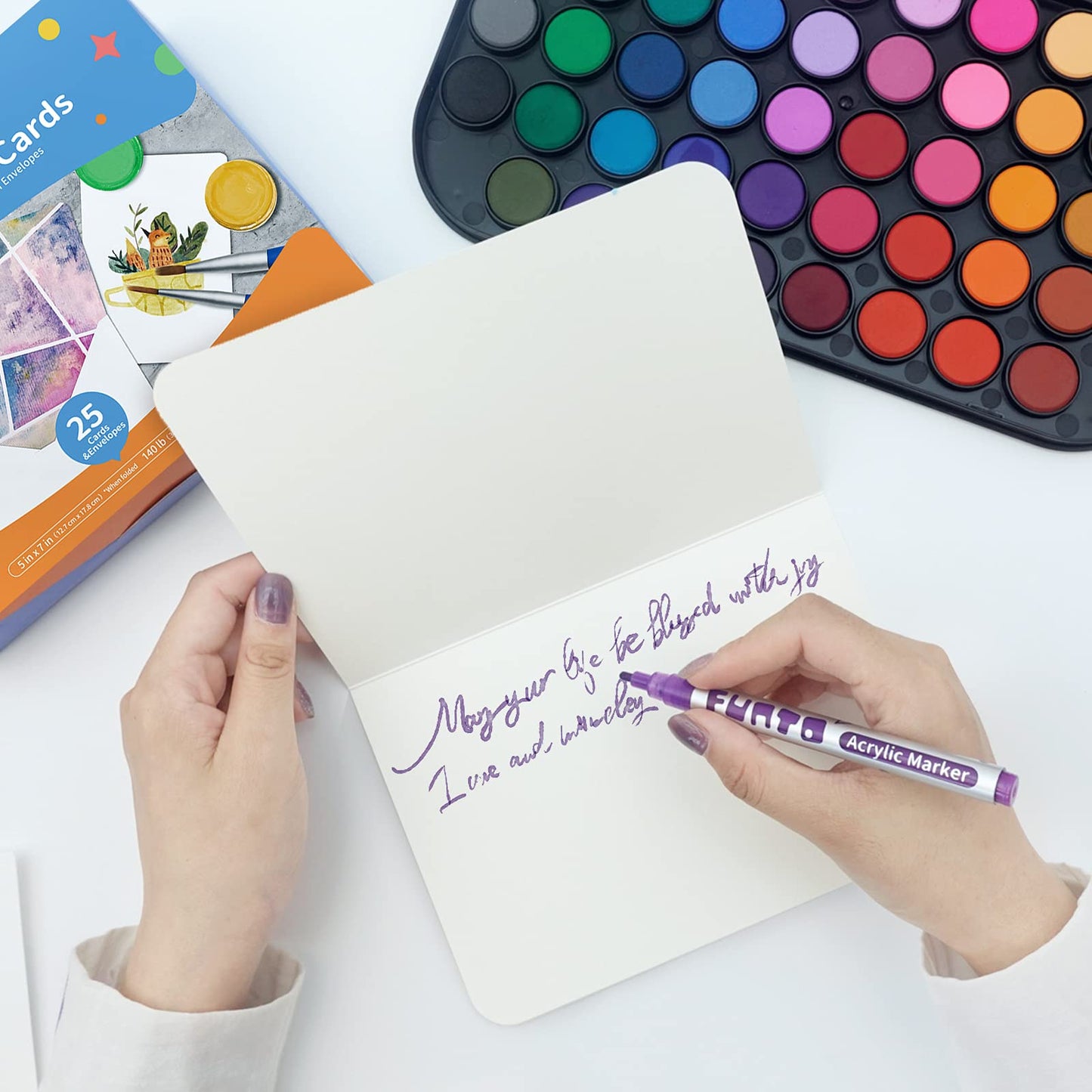 Funto Blank Watercolour Paper Cards and Envelopes, 50 Cards, 5''x7'', 140lb/300gsm, White, Acid-Free, Heavyweight Paper for Watercolor Painting, Invitations, Thank You Notes, Greeting Cards