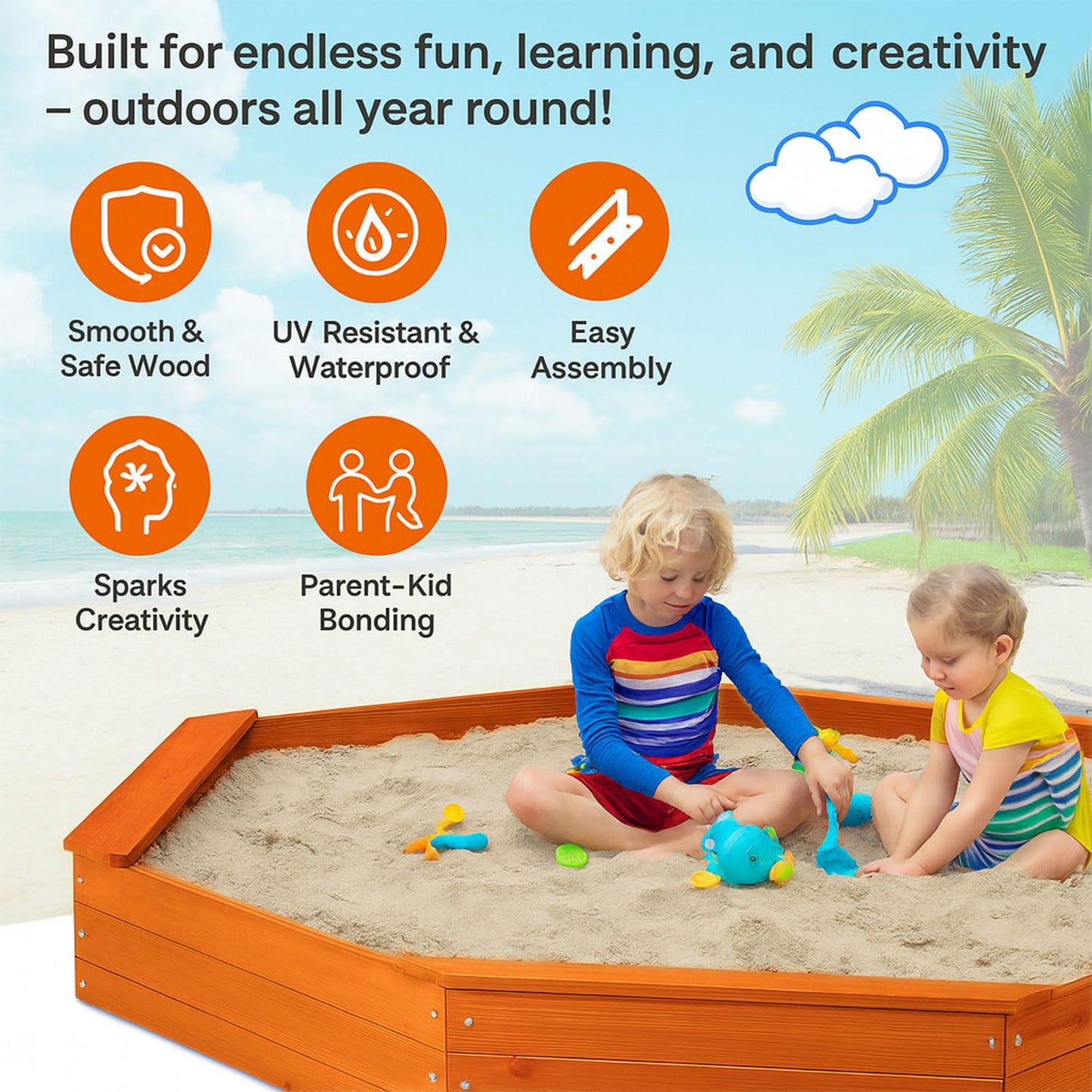 84"x78" Octagon Wooden Sandbox with Waterproof Cover & Liner, Large Outdoor Sandpit with Benches, Fir Wood Sand Box for Kids Backyard Play, Weather-Resistant,Golden red