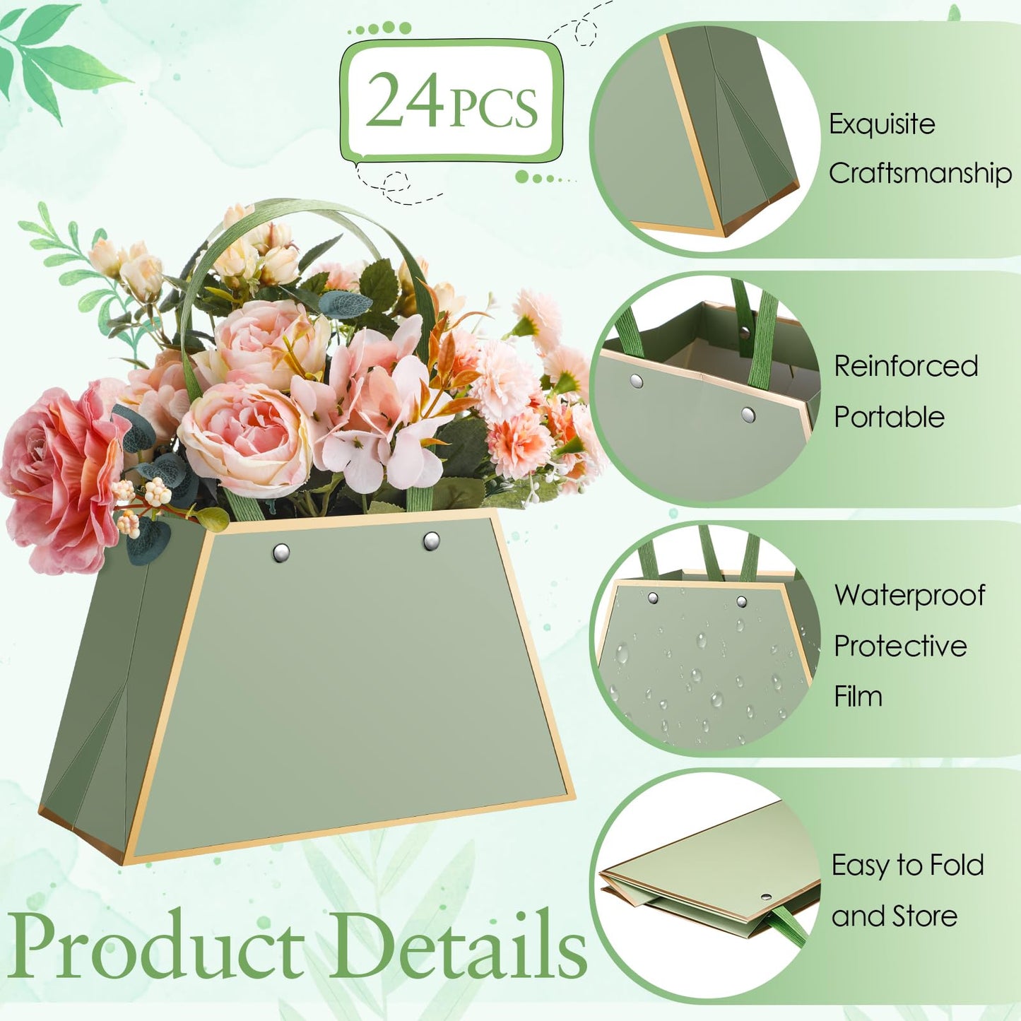 Noveread 24 Pcs Floral Bouquet Bags Bulk Wedding Party Centerpiece Box Decoration Portable Flower Wrapping Paper Gift Box for Arrangement with Handle Florist Supplies for Women Anniversary(Sage Green)