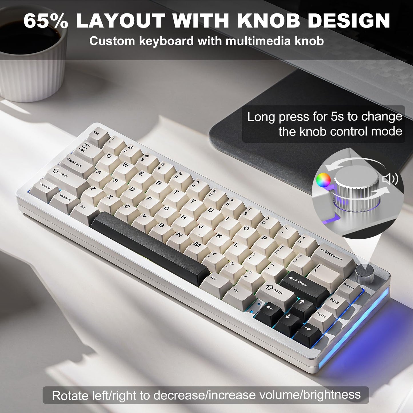 YUNZII AL66 Wireless Mechanical Keyboard,65% Knob Control Aluminum Gaming Keyboard BT/2.4G/Wired Hot Swappable Pre-lubed Switches, Gasket Mounted RGB Keyboard for Win/Mac(Milk Switch, Silver)