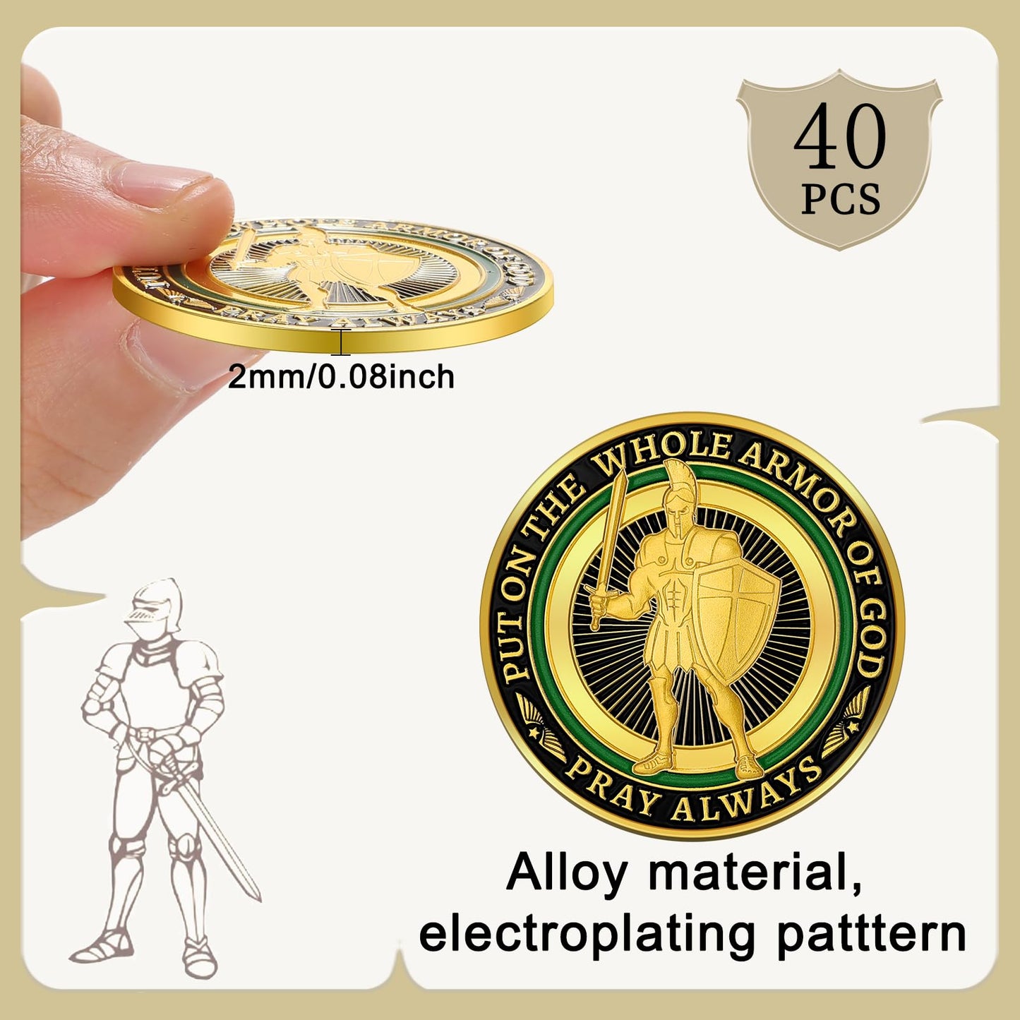 Nosiny 40 Pcs Put on The Whole Armor of God Coins Bulk Christian Challenge Coins Metal Commemorative Prayer Gifts for Men Collectors, Religious Church Party Military Souvenir(Vivid)