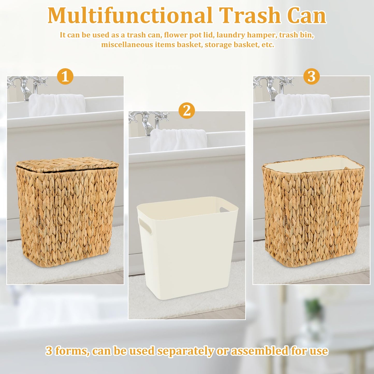 ZUNKNOD Wicker Trash Can with Lid and Liner, Handwoven Wicker Waste Basket, Water Hyacinth Bathroom Trash Can, Boho Rattan Garbage Wastebasket for Bedroom Home Living Room Office Kitchen, 2.5 Gallon