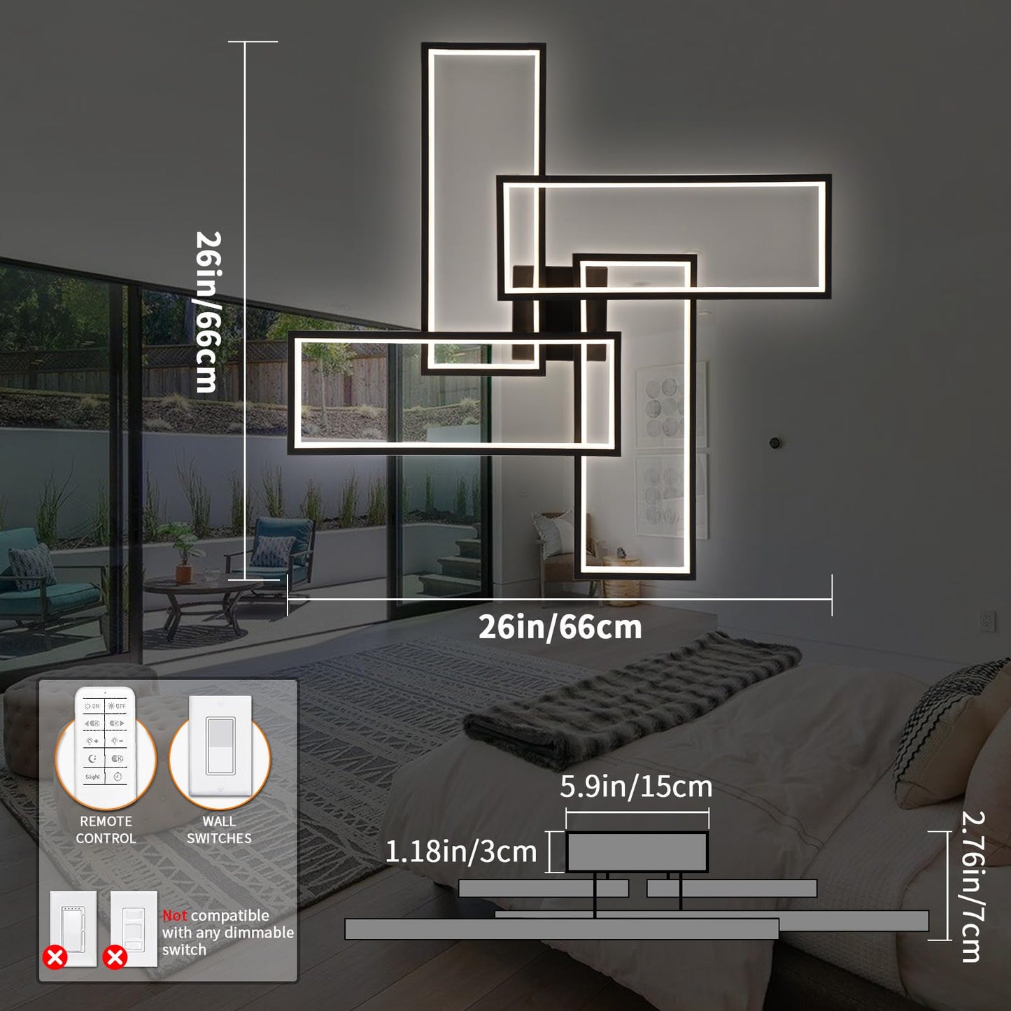 Shine LUEST Modern LED Ceiling Lights for Bedroom 26" Dimmable Square Ceiling Lights for Living Room with Remote Control Black Bedroom Light Fixture for Kitchen,Bathroom,Balcony