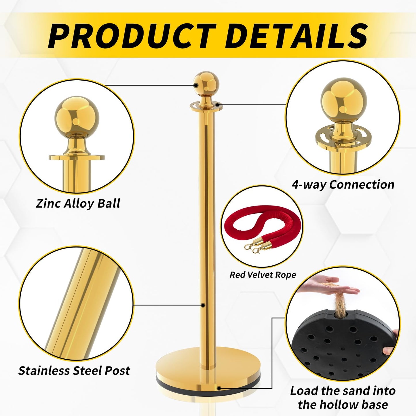 Gold Stanchions, Red Carpet Ropes and Poles, Stainless Steel Barriers for Party, Museums, Wedding, Easy Connect Assembly, 2PCS