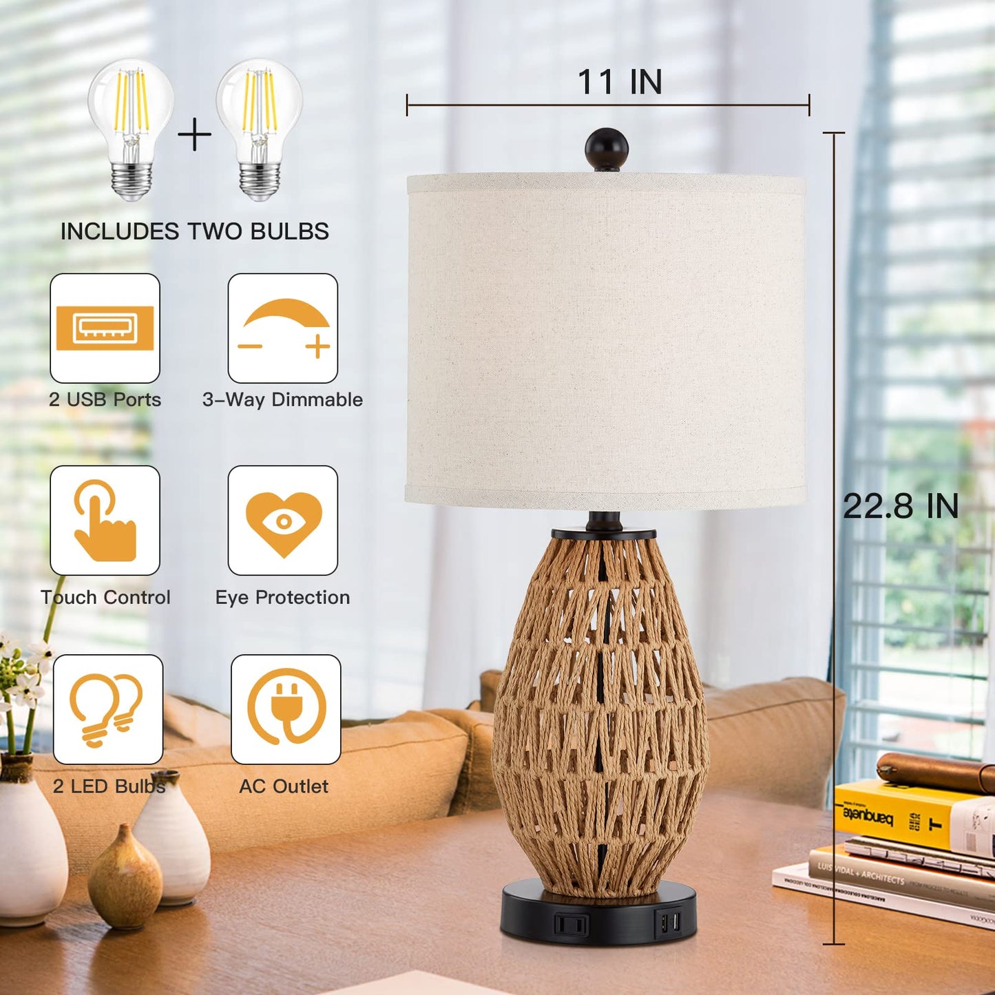 CINSARY Touch Control Rattan Table Lamps, 3 Way Dimmable Bedside Lamps for Bedroom Set of 2 with 2 USB Ports and AC Outlet, Wicker Nightstand Lamps for Living Room (LED Bulbs Included)