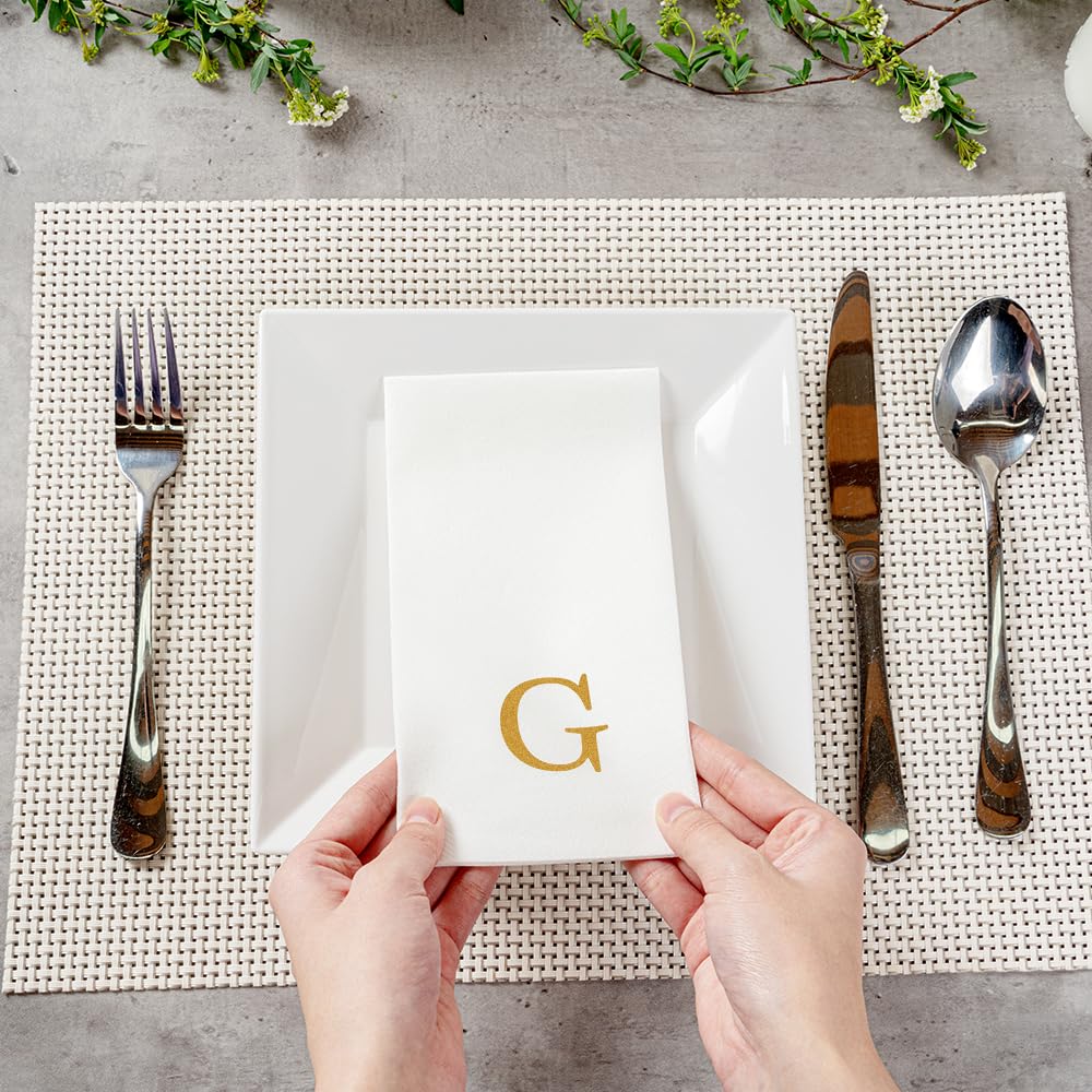 Luxenap 15.8 X 7.9 Inch Linen-Feel Guest Towels, 50 Lettered Hand Towels - Gold Letter 'G', Sans Serif Font, White Paper Dinner Napkins, airlaid, For Restrooms And Tables - Restaurantware
