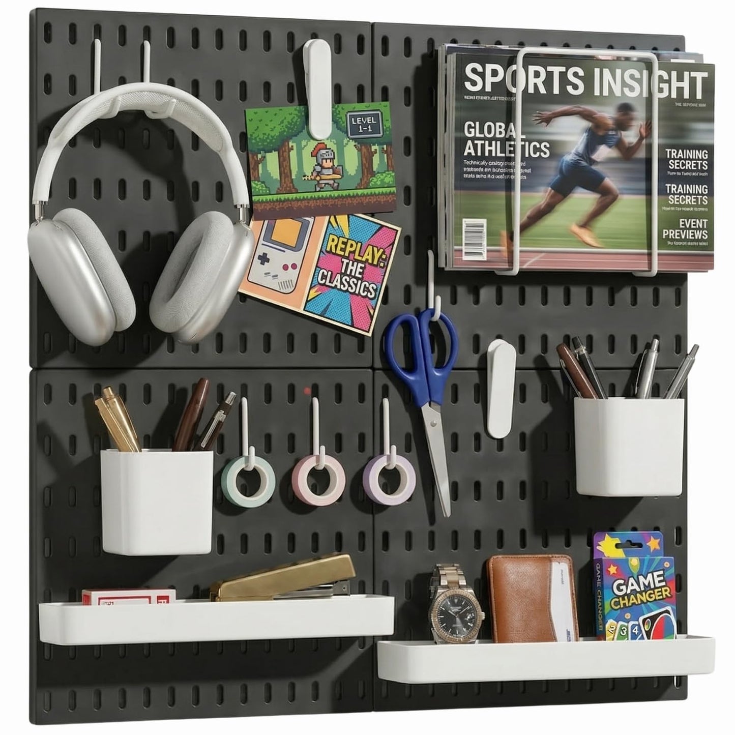 Keepo Peg Board Wall Organizer – Plastic Pegboard Panels, Modular Peg Board Storage System for Home Office, Craft Room, Gaming Setup (Black, 22″×22″)