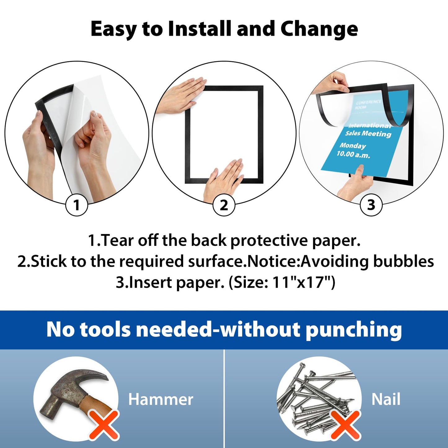 VAIIGO 11"x 17" Self Adhesive Magnetic Sign Holder, Double Sided Window Magnetic Display Frame with Clear PVC and Strong Magnetic for Office/Home/Store/Door/Glass/Wall Display Frame(Black,10Pack)