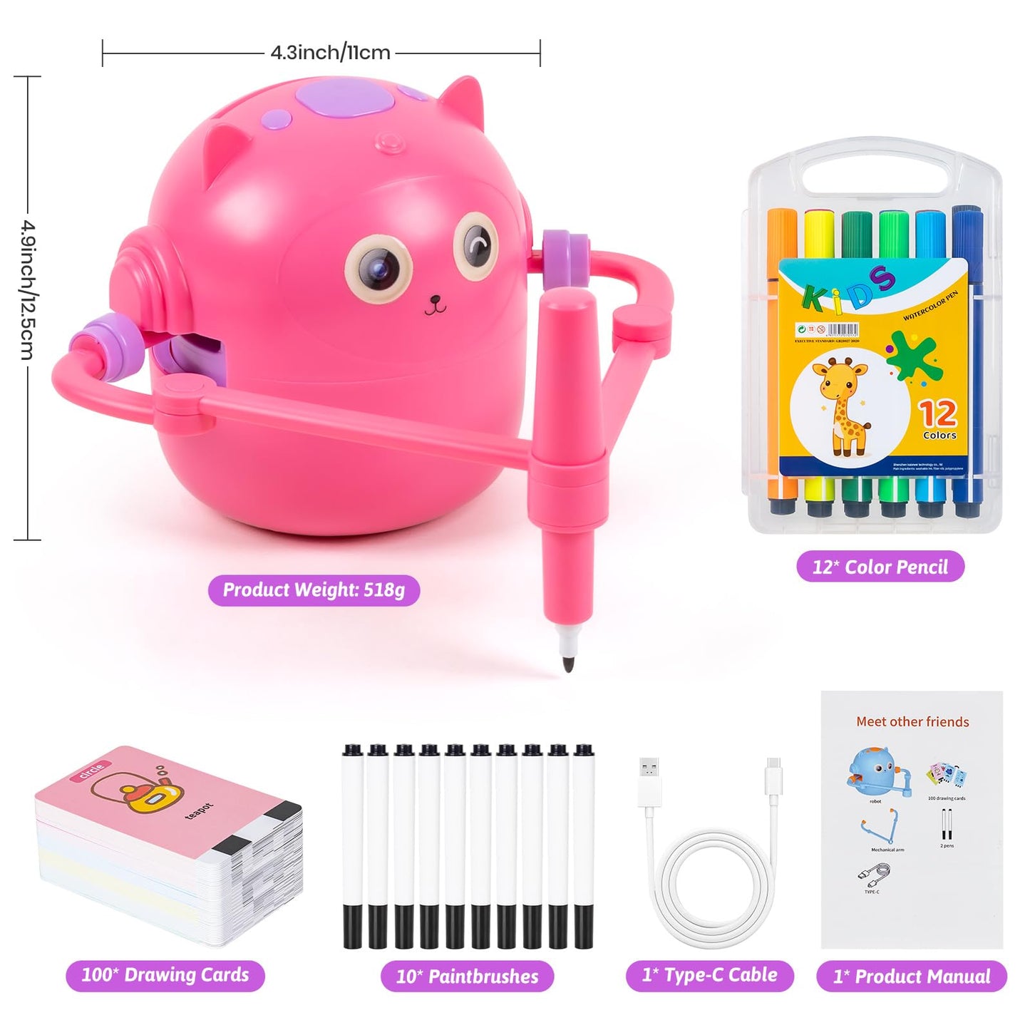 TREEFIA Drawing Robot for Kids, Interactive Educational Drawing Robot, Magic Painting Robot Toy with 100 Word Cards & 16 Color Pens for Girls and Boys Age 3+ (Pink)