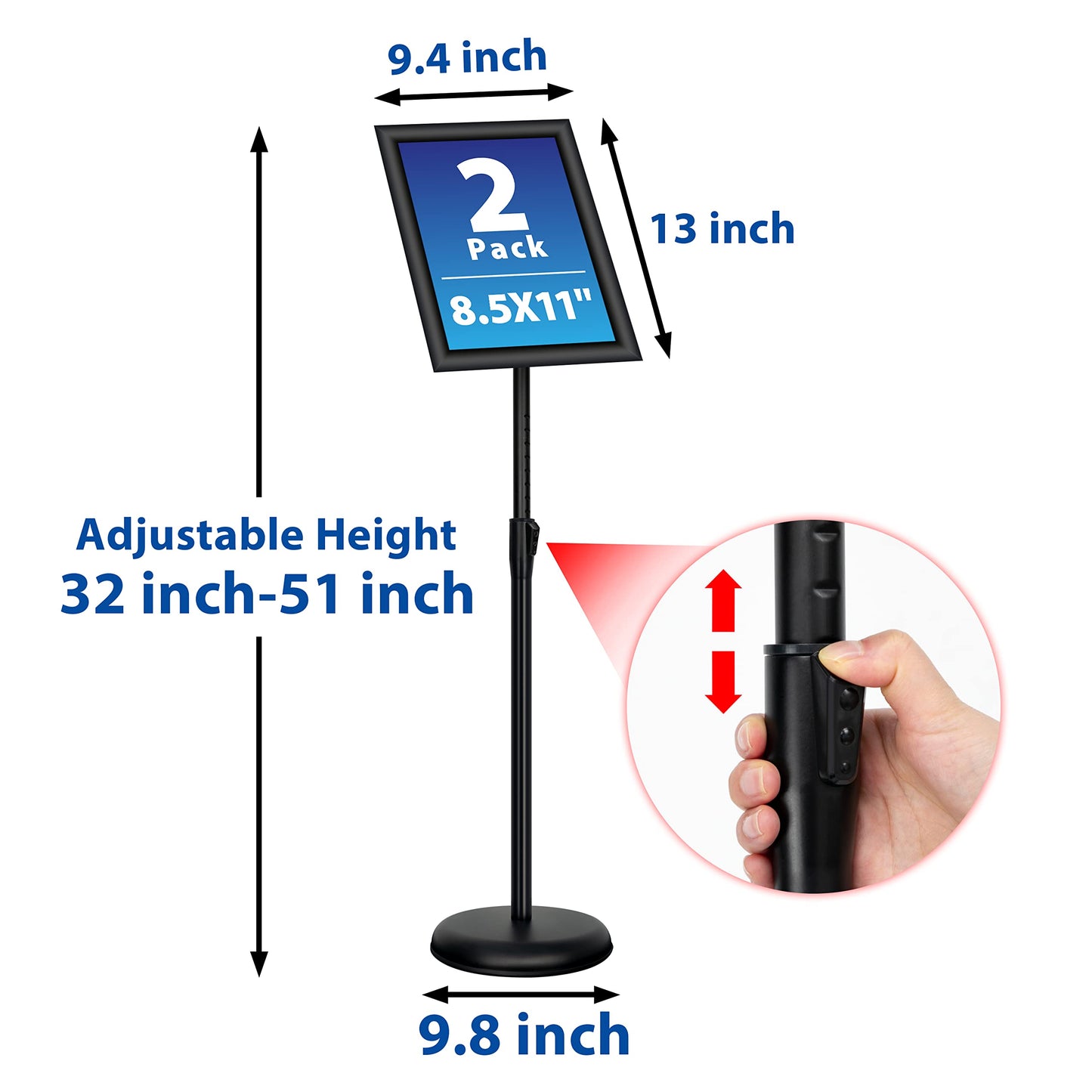 VAIIGO 2Pack 8.5x11 Inch Adjustable Pedestal Poster Sign Stand, Heavy Duty Floor Standing Sign Holder Stand Aluminum Snap Open Frame for Vertical and Horizontal View Sign Displayed(Black)