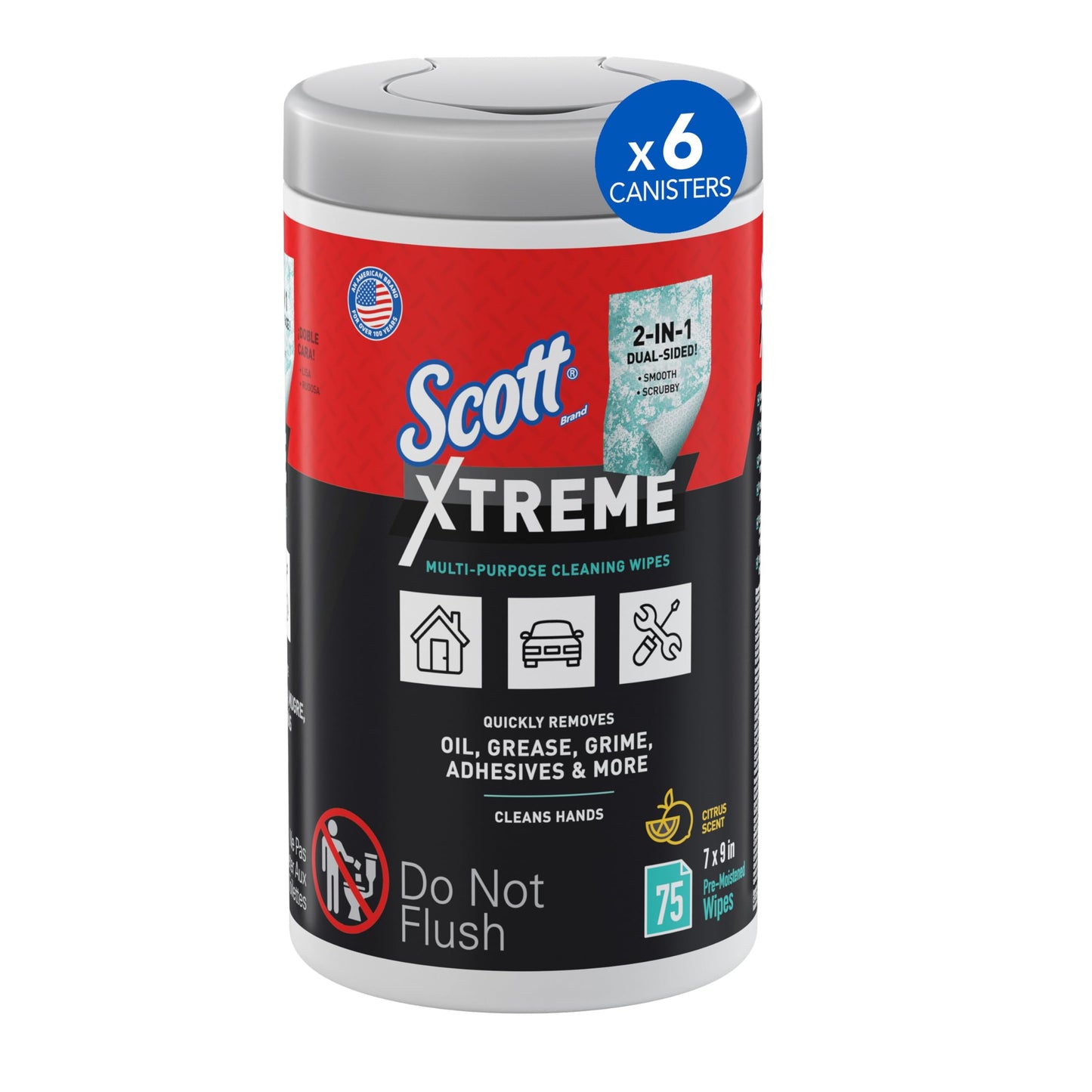 Scott Shop Original Xtreme Multi-Purpose Cleaning Wipes (54591), Heavy Duty Textured Extreme Clean Wiper with Citrus Scent, 9"x7" Wipe (6 Canisters of 75 Sheets, 450 Sheet Total)