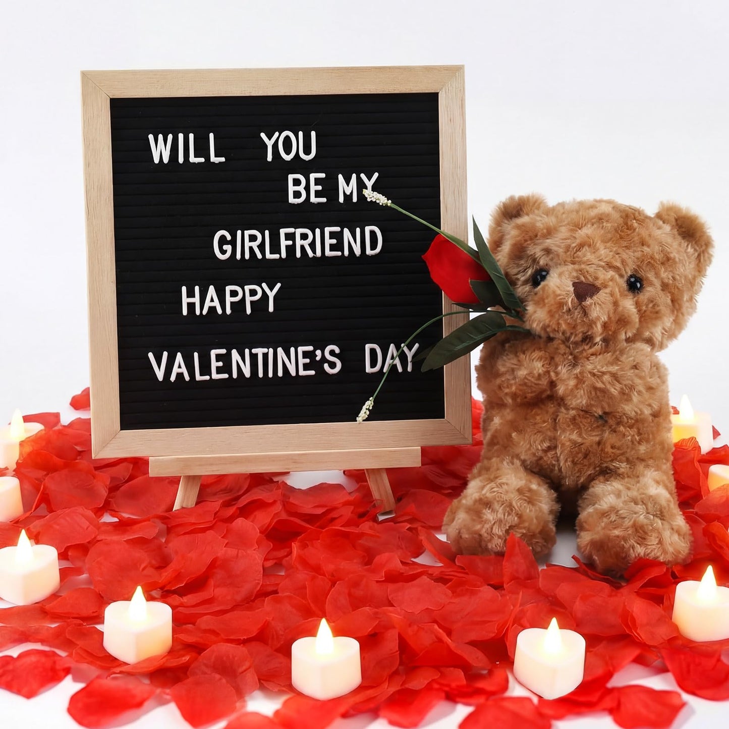 Ceenna Will You Be My Girlfriend Romantic Sign with LED Candles and Artificial Rose Petals, Bear Stuffed Animal Gift with Rose DIY Felt Letter Board Sign for Surprise(Red)