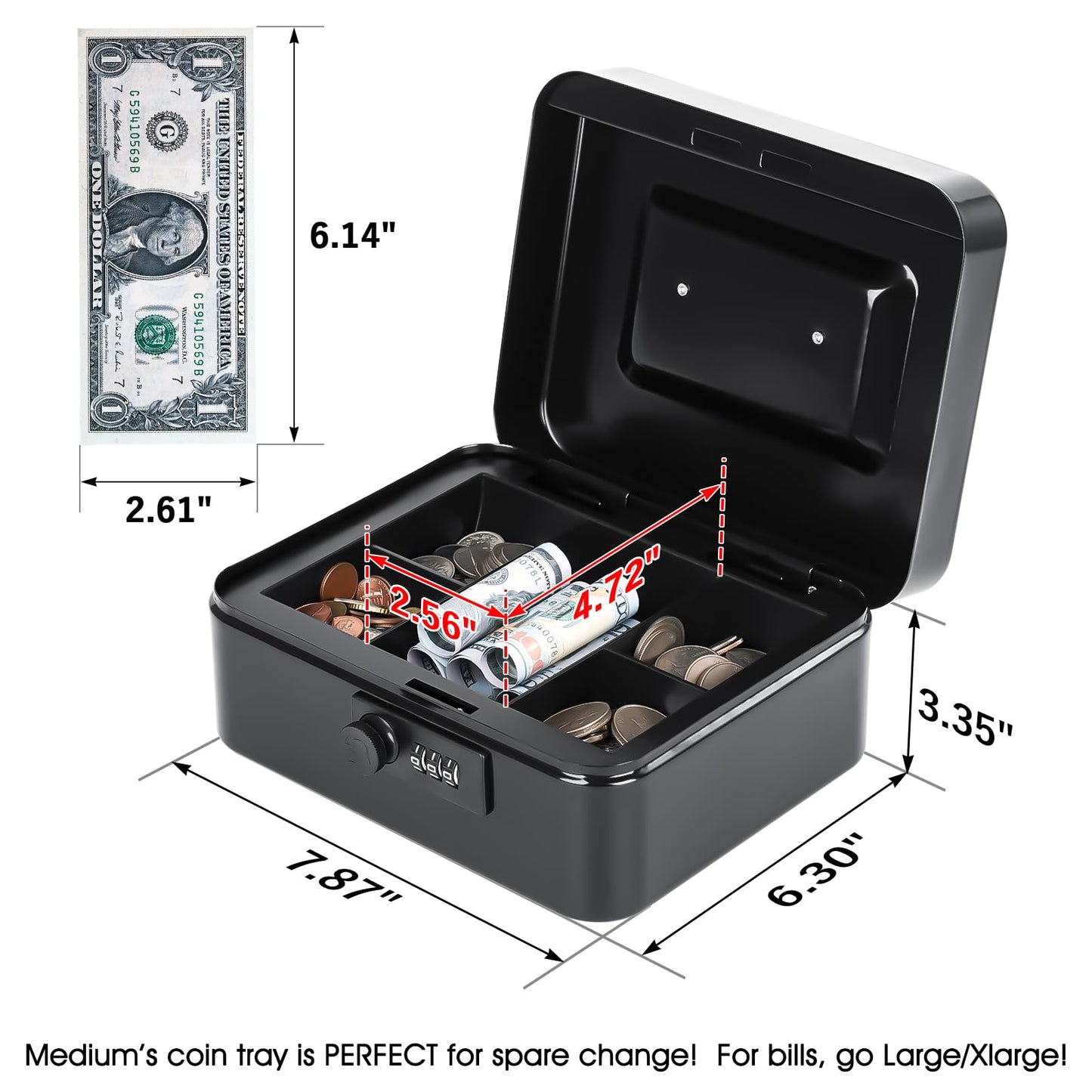 KYODOLED Metal Cash Box with 3-Digit Combination Lock & Money Tray - Secure Safe for Home, Office & Events, Ideal for Cash, Meds & Small Items, 7.87" x 6.30" x 3.35", Black, Cold-Rolled Steel, 4PACK