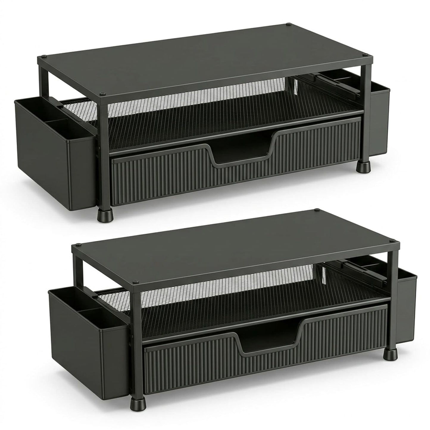 ECOLOVI Desk Organizer and Accessories, 2-Tier Computer Monitor Stand Rise with Storage Drawer & 2 Pen Holders, Laptop & Printer Stand for Desktop, Workspace Organizers for Office Supplies (Black 2-Pack))