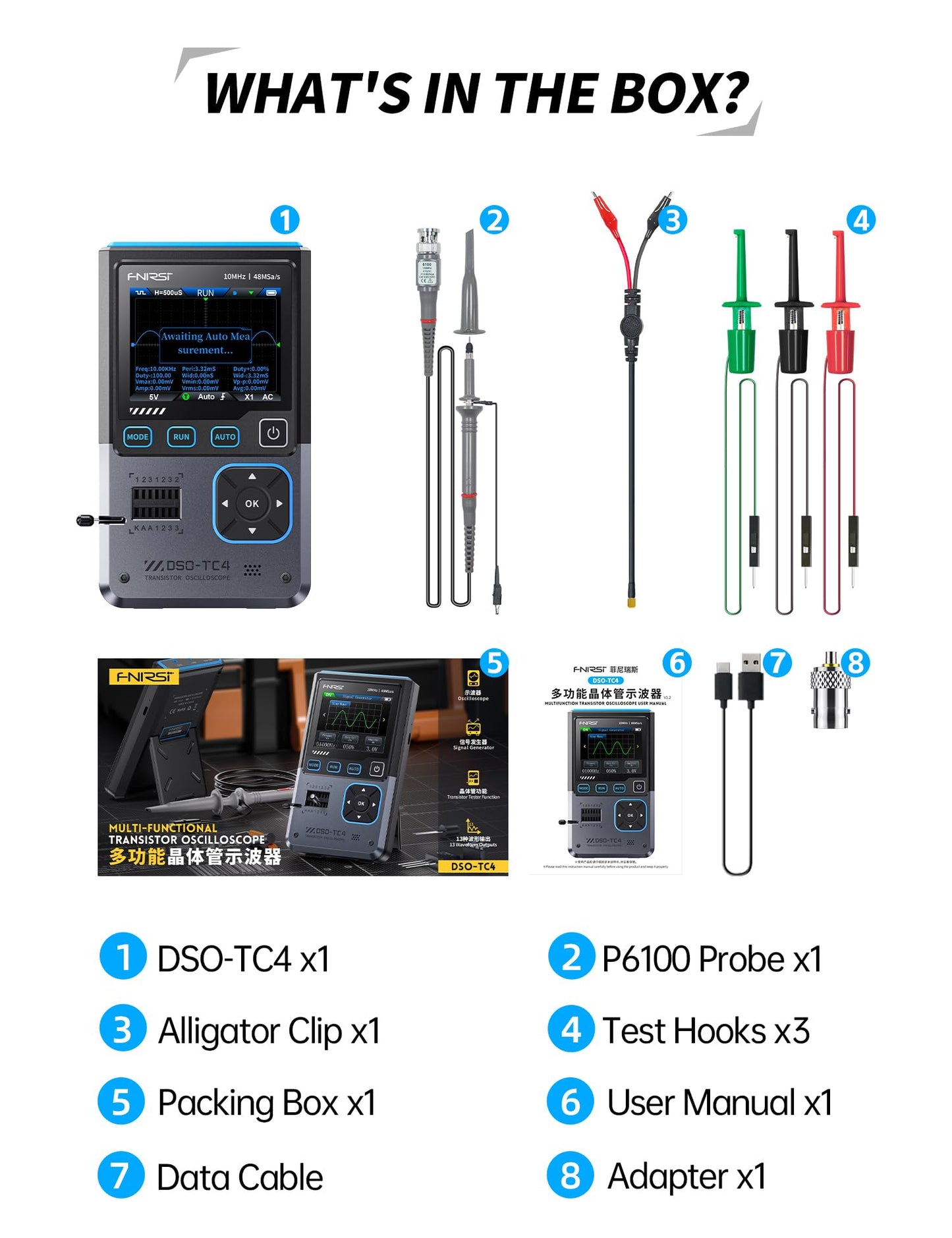 FNIRSI DSO-TC4 Handheld Oscilloscope, 10MHz Bandwidth 48MSa/s Sampling Rate Transistor Tester Digital Oscilloscope DDS Signal Generator 3 in 1, Voltage Continuity Zener Diode Triode Component Tester