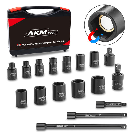 AKM TOOL 1/4 Inch Drive Magnetic Impact Socket Set, 17-Piece Metric, 5mm-15mm, 6 Point, Cr-Mo, Square Drive, Magnetic Socket with Impact Socket Adapter, Universal Joint & Extension