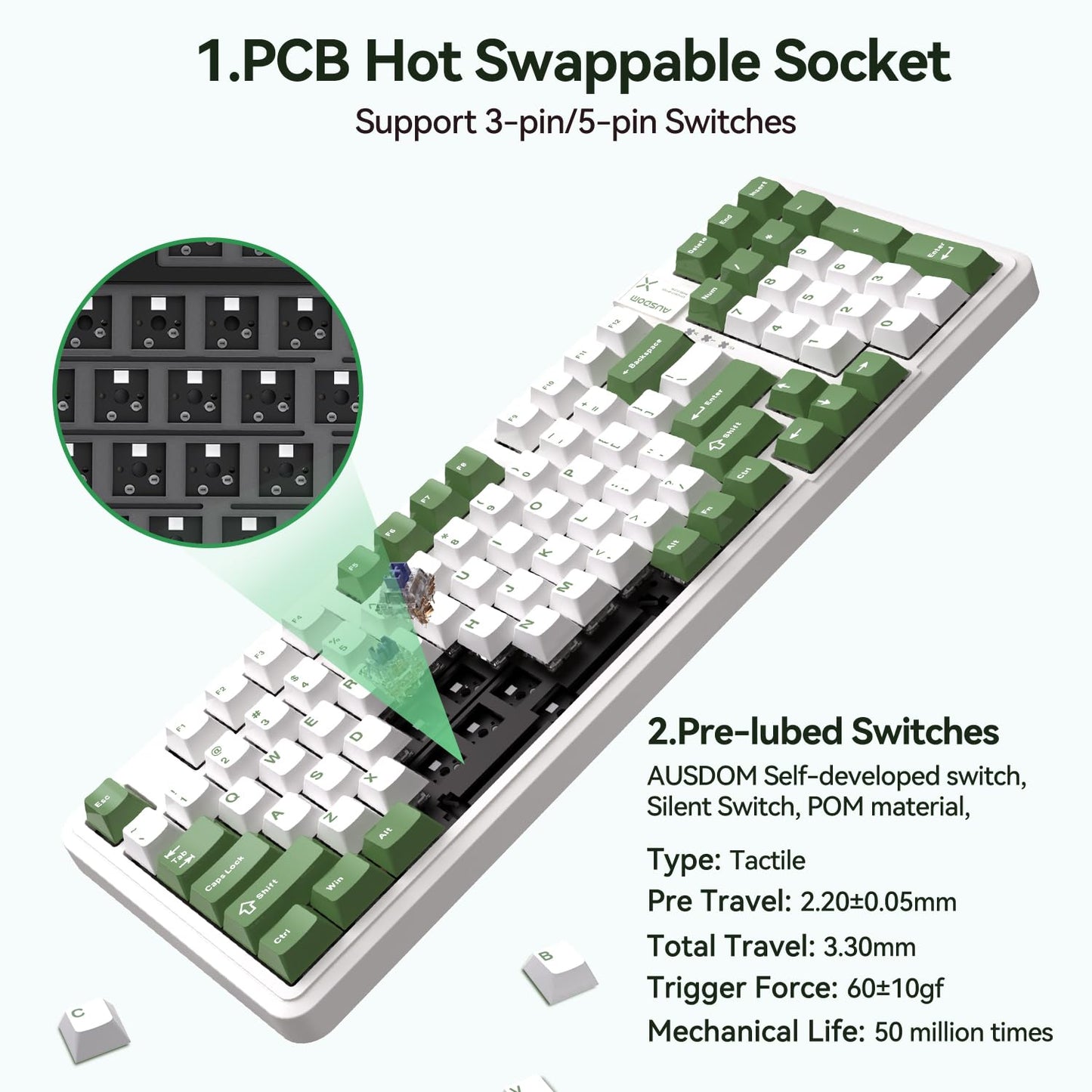 AUSDOM 98Pro Silent Mechanical Keyboard,Wireless Hot Swappable Gaming Keyboard with Backlit,Gasket Structure,Pre-lubed Tactile Switches,2.4GHz/Type-C/Bluetooth Custom Keyboard(Green & White-Silent)